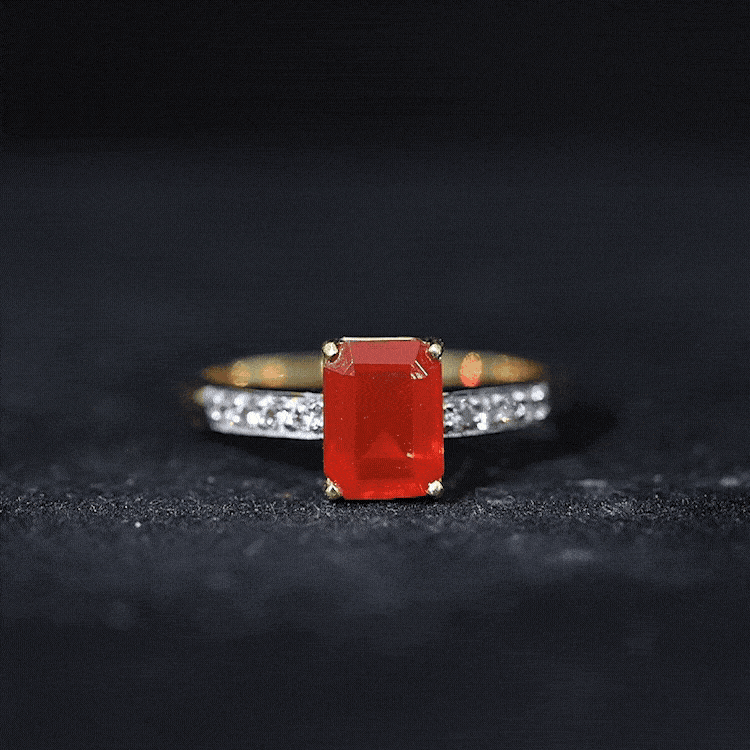 Emerald Cut Real Fire Opal Solitaire Engagement Ring with Diamond AAA - Rosec Jewels