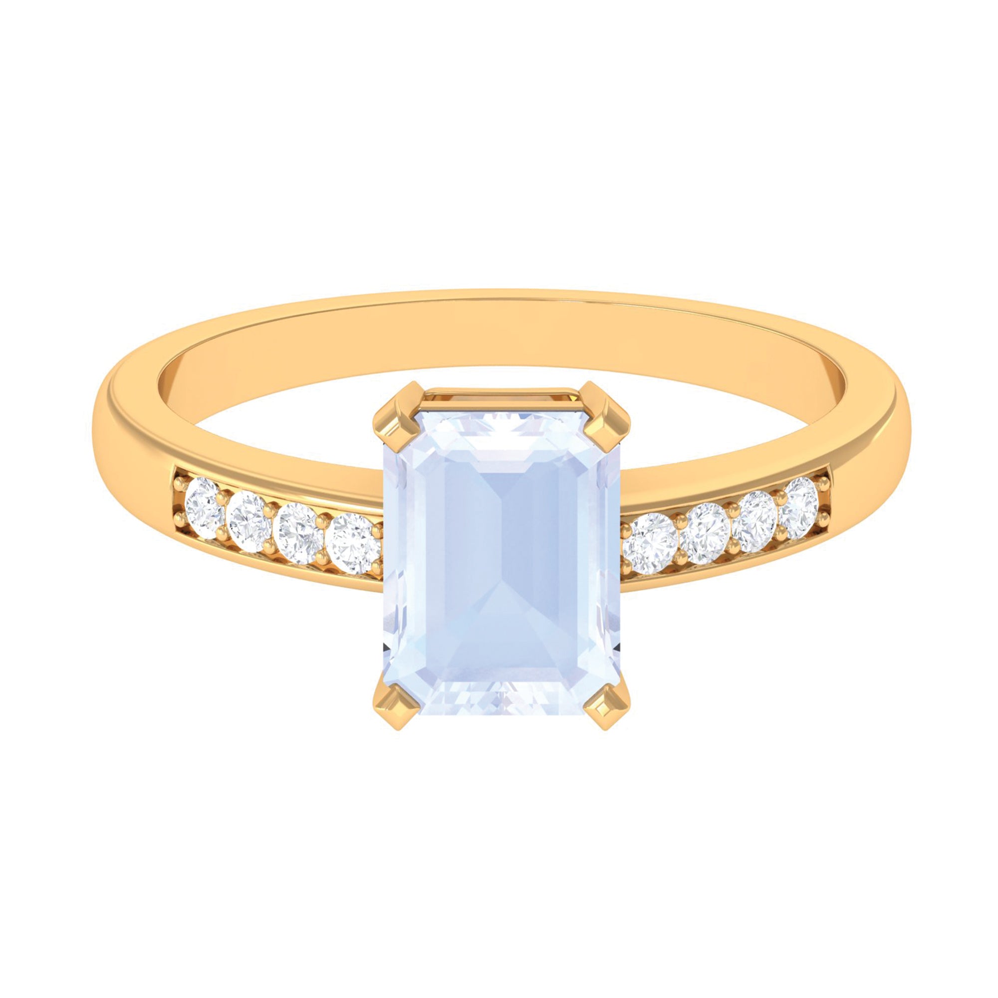 Emerald Cut Moonstone Solitaire Engagement Ring with Diamond Side Stones Moonstone - ( AAA ) - Quality - Rosec Jewels