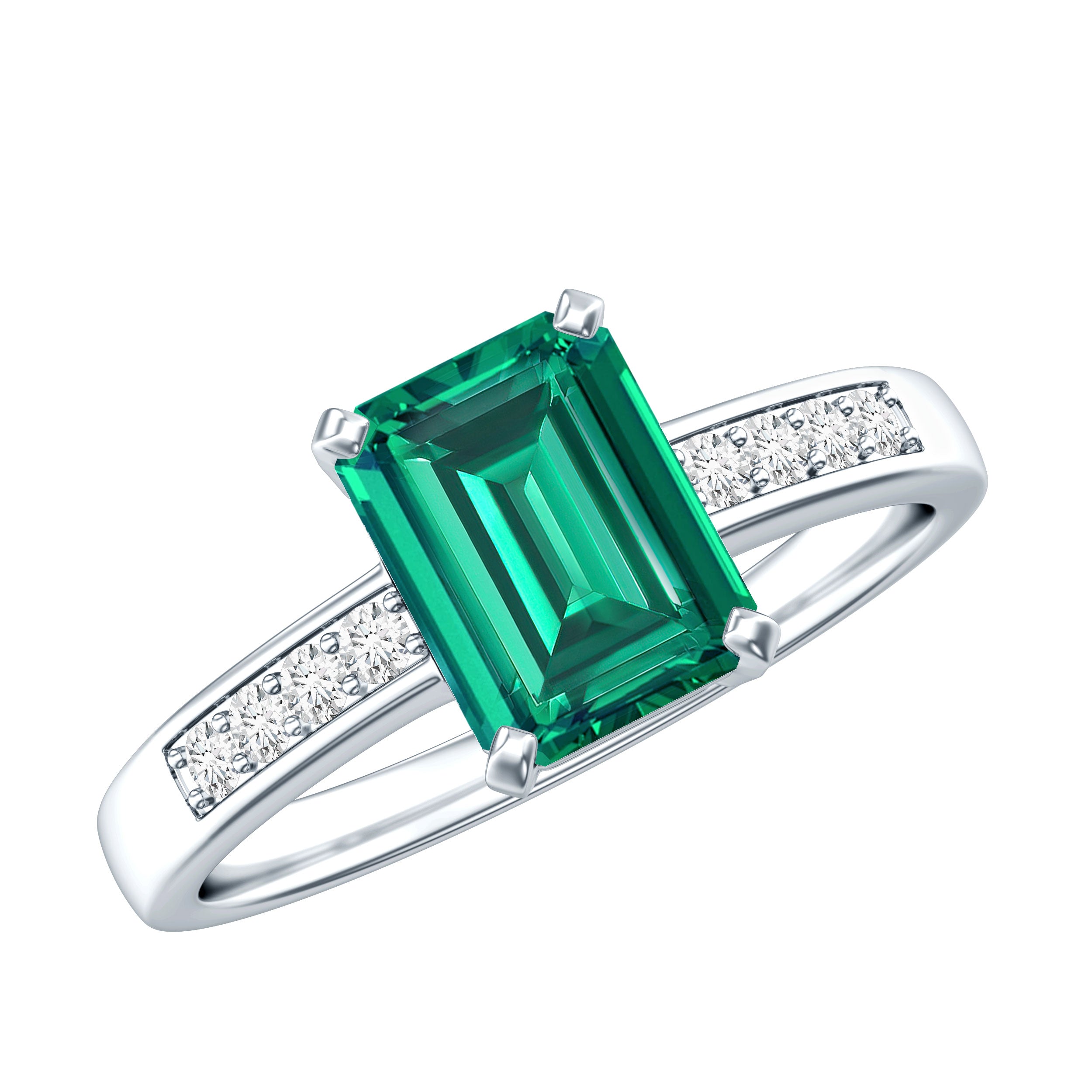 Octagon Lab Grown Emerald Solitaire Engagement Ring with Diamond AAAA - Rosec Jewels