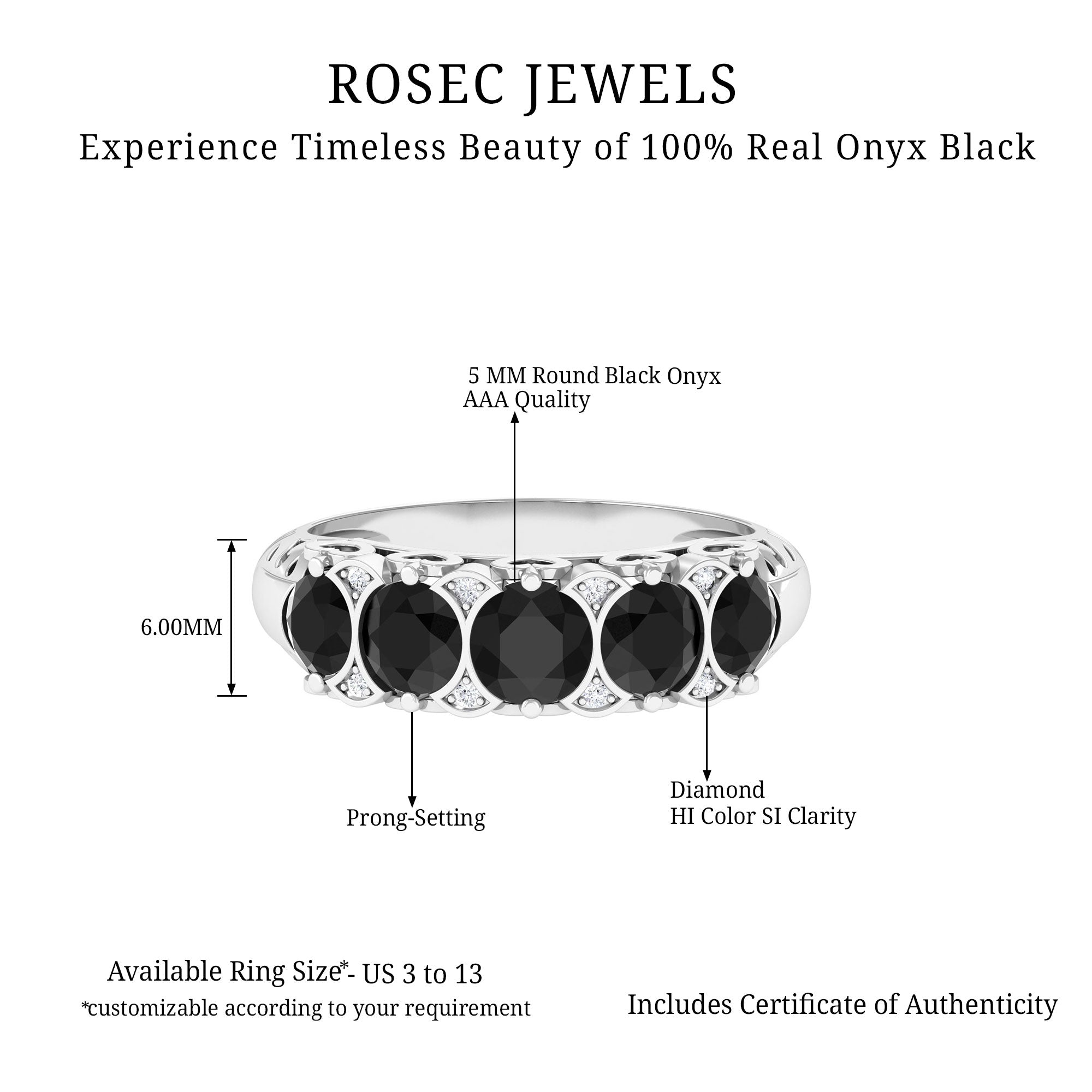 1.5 CT Natural Black Onyx and Diamond Antique Anniversary Ring Black Onyx - ( AAA ) - Quality - Rosec Jewels