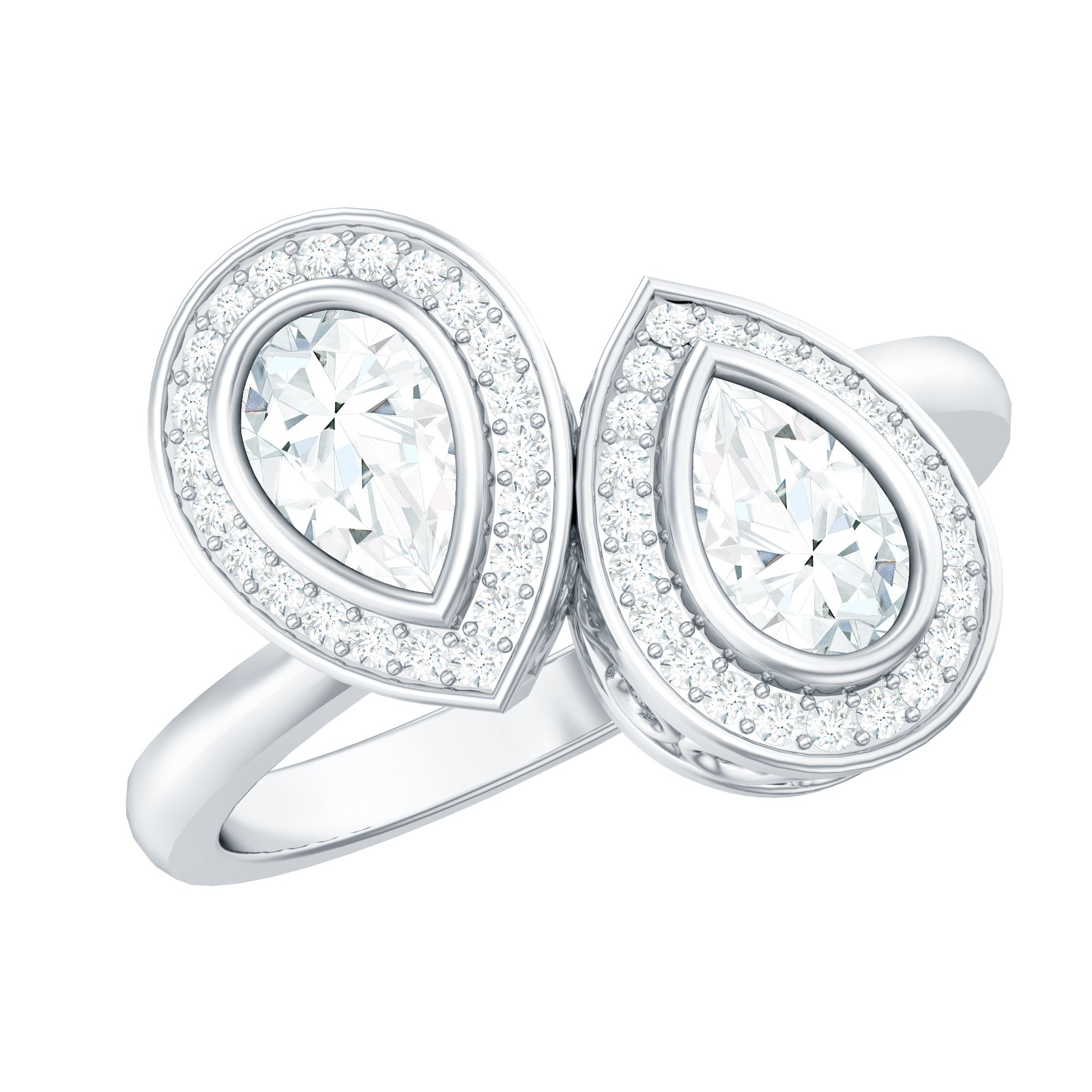 Pear Cut Moissanite Two Stone Engagement Ring with Halo