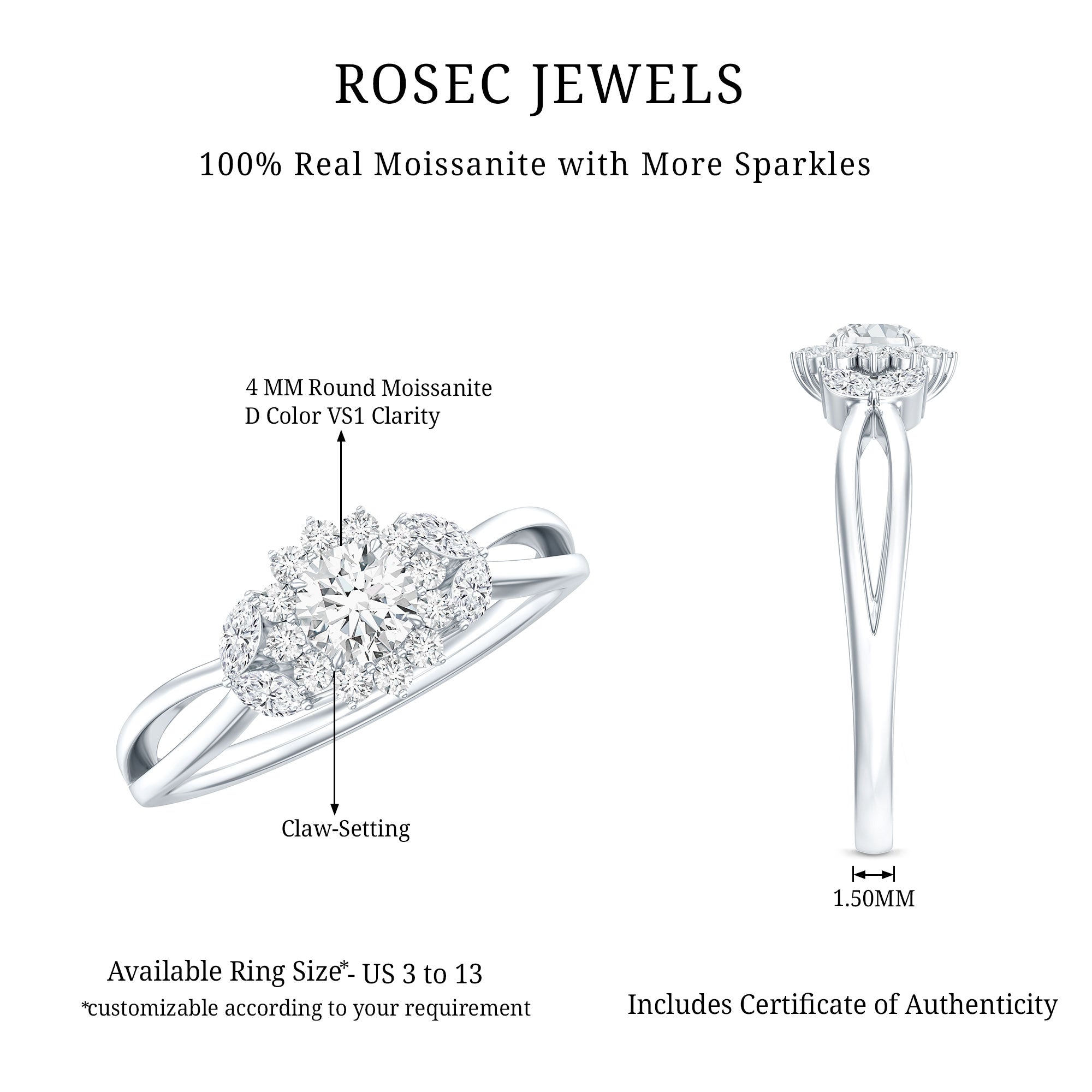 Certified Moissanite Flower Engagement Ring with Split Shank D-VS1 - Rosec Jewels