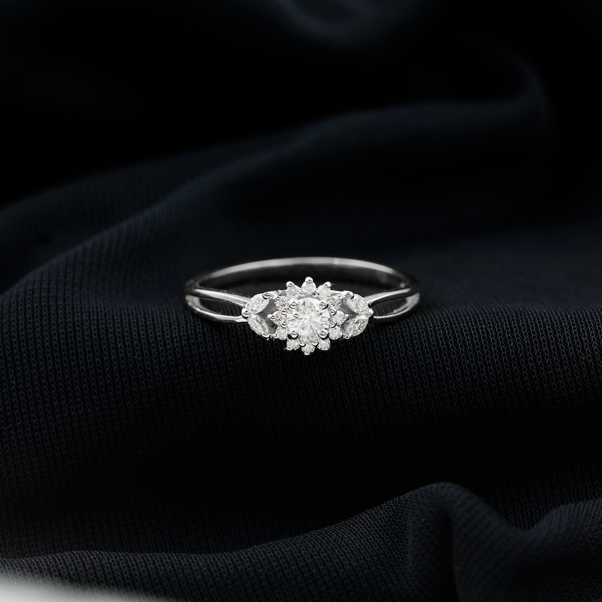Certified Moissanite Flower Engagement Ring with Split Shank D-VS1 - Rosec Jewels