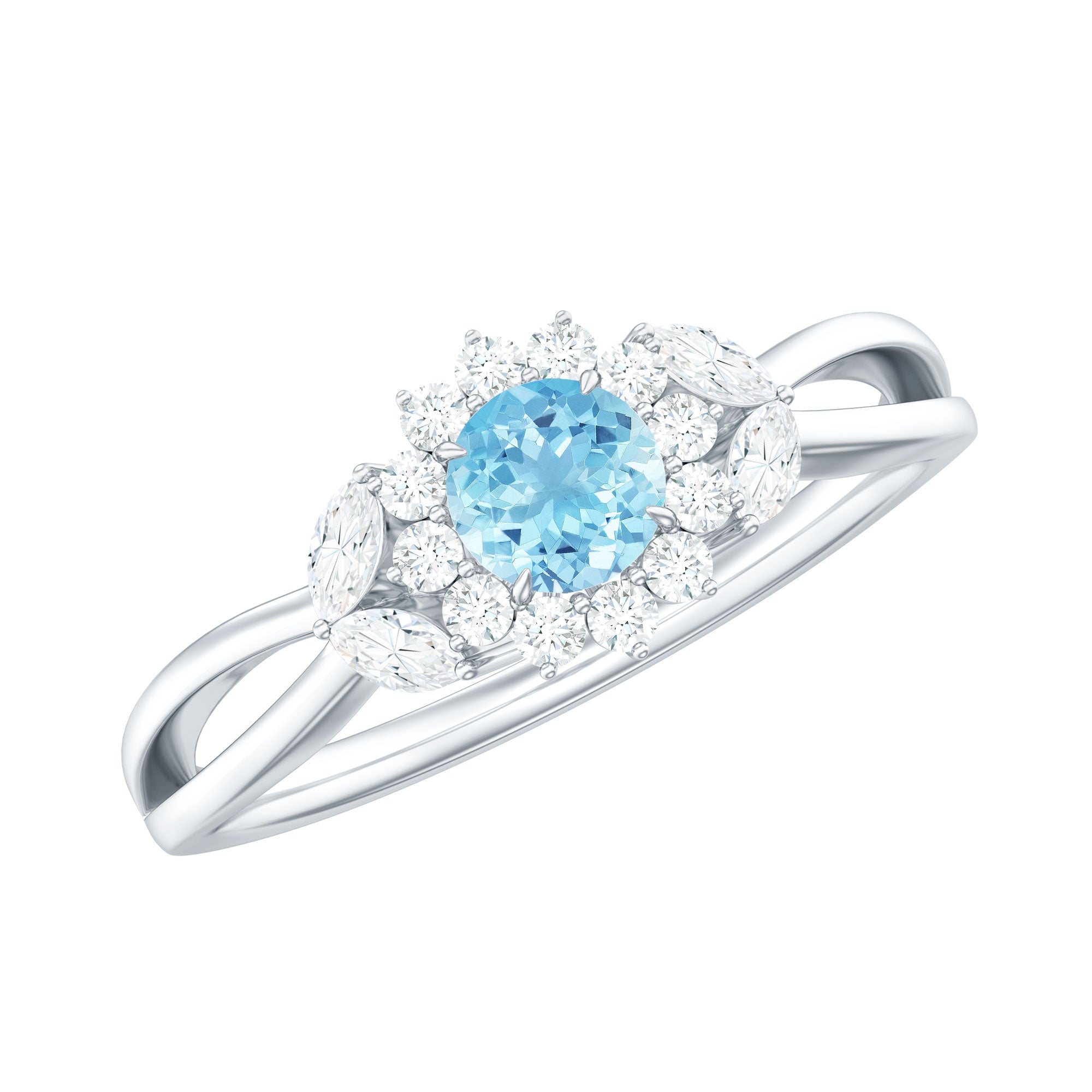 Rosec Jewels-Natural Aquamarine Flower Promise Ring with Diamond