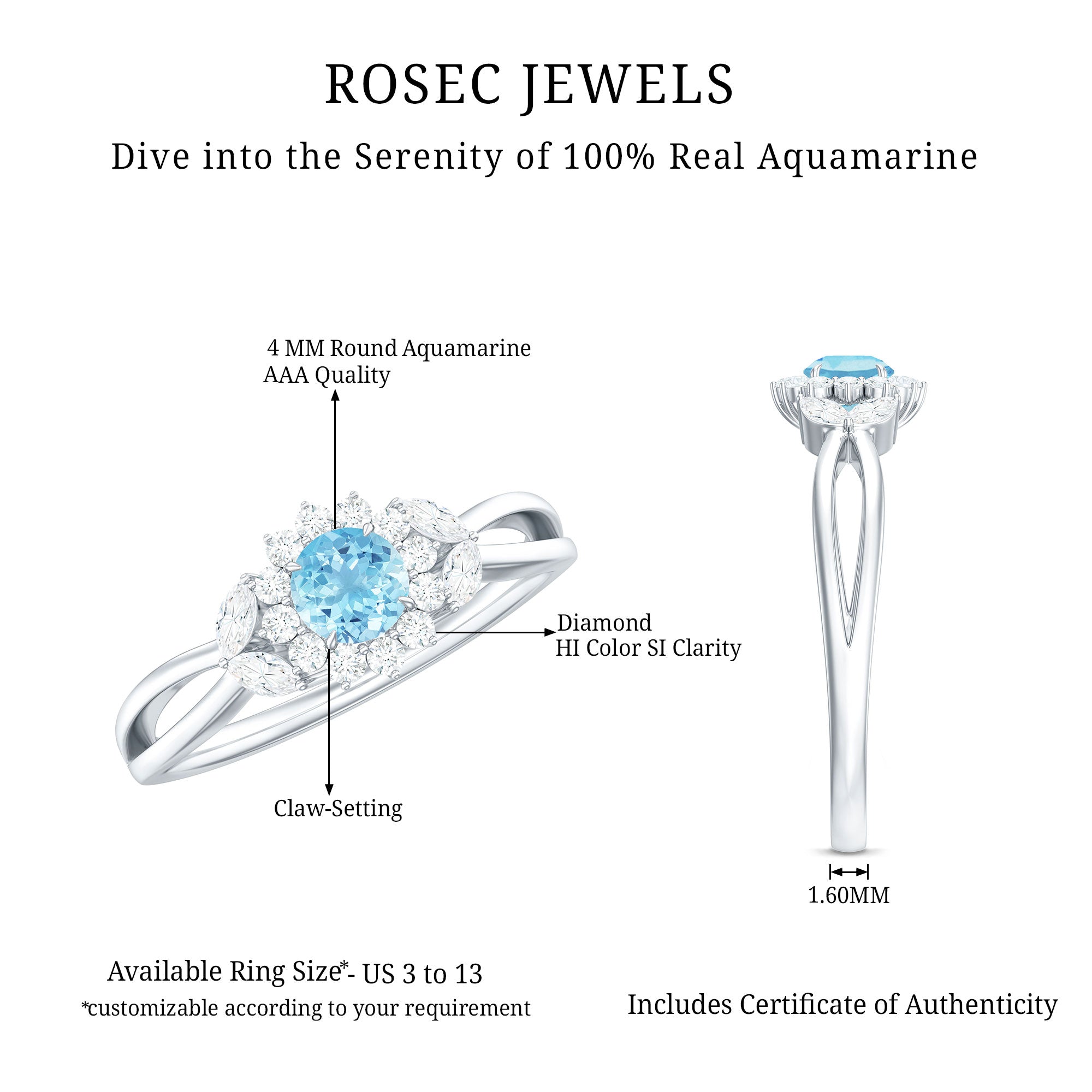 Rosec Jewels-Natural Aquamarine Flower Promise Ring with Diamond