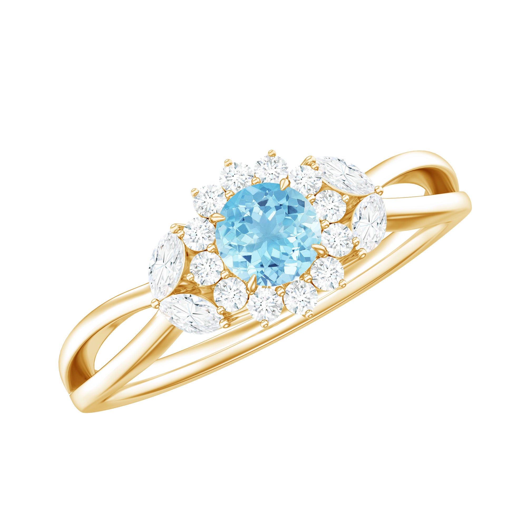 Rosec Jewels-Natural Aquamarine Flower Promise Ring with Diamond