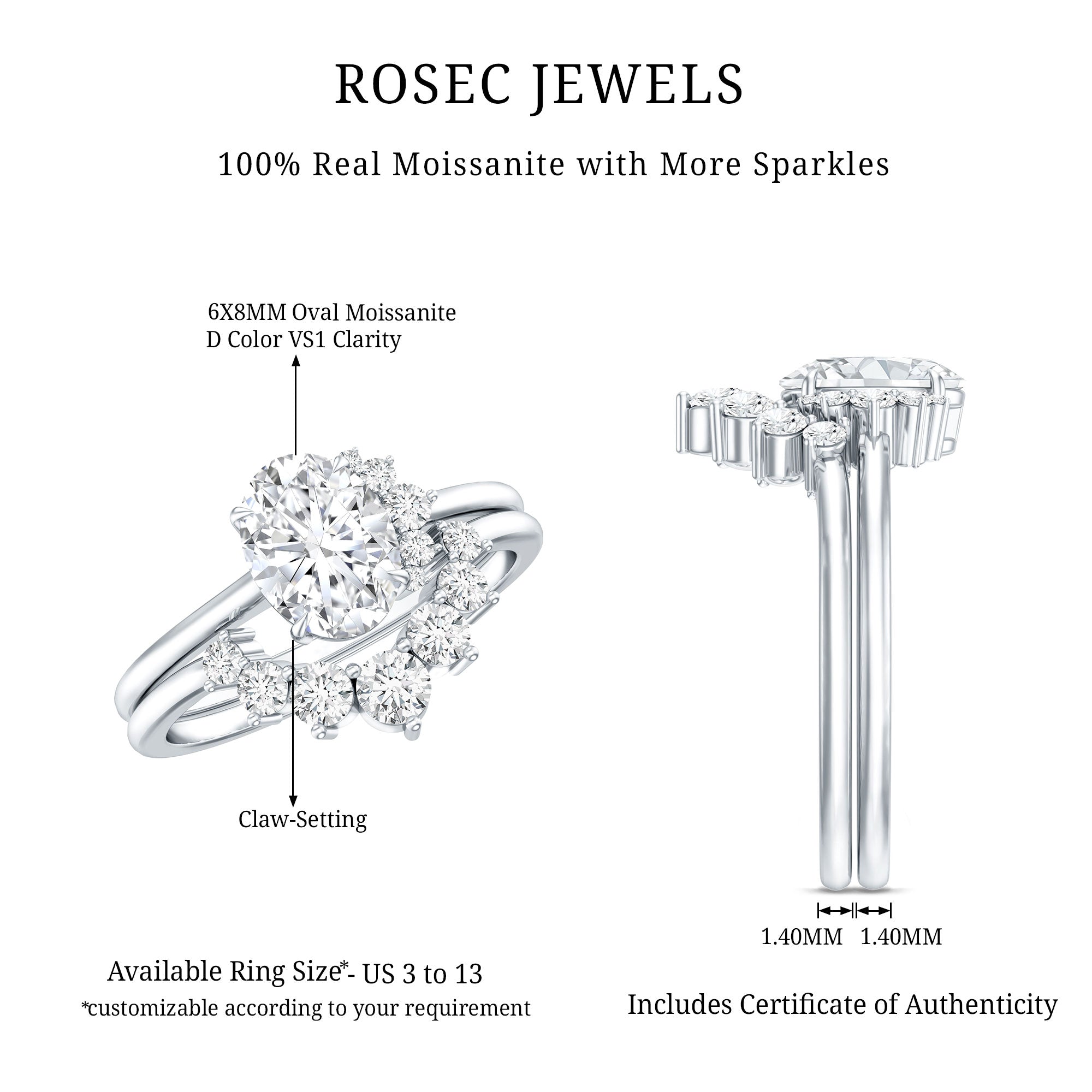 Rosec Jewels-Designer 1.2 Carat Oval Cut Moissanite Wedding Ring Set With Certificate