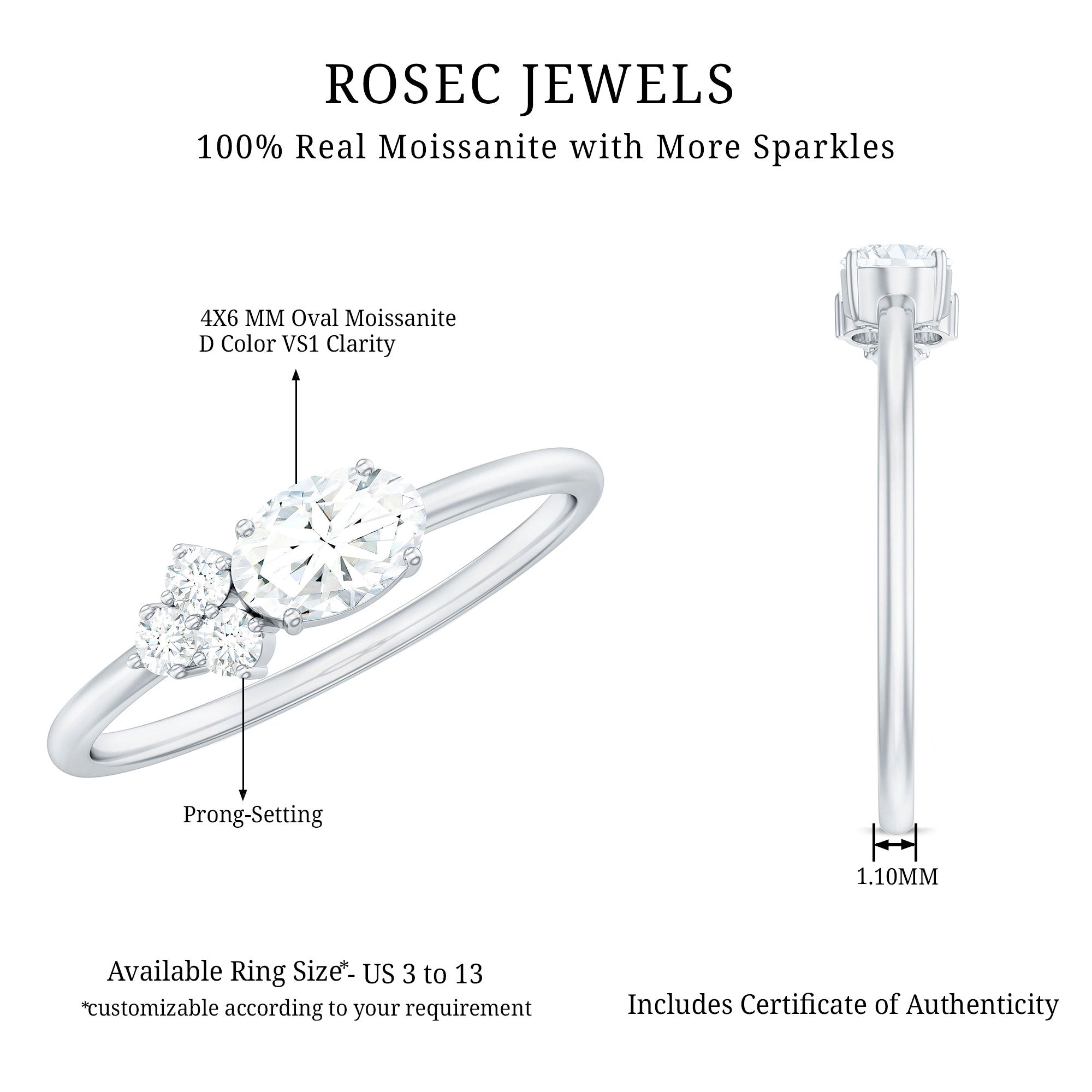Oval and Round Moissanite Promise Ring for Her D-VS1 - Rosec Jewels