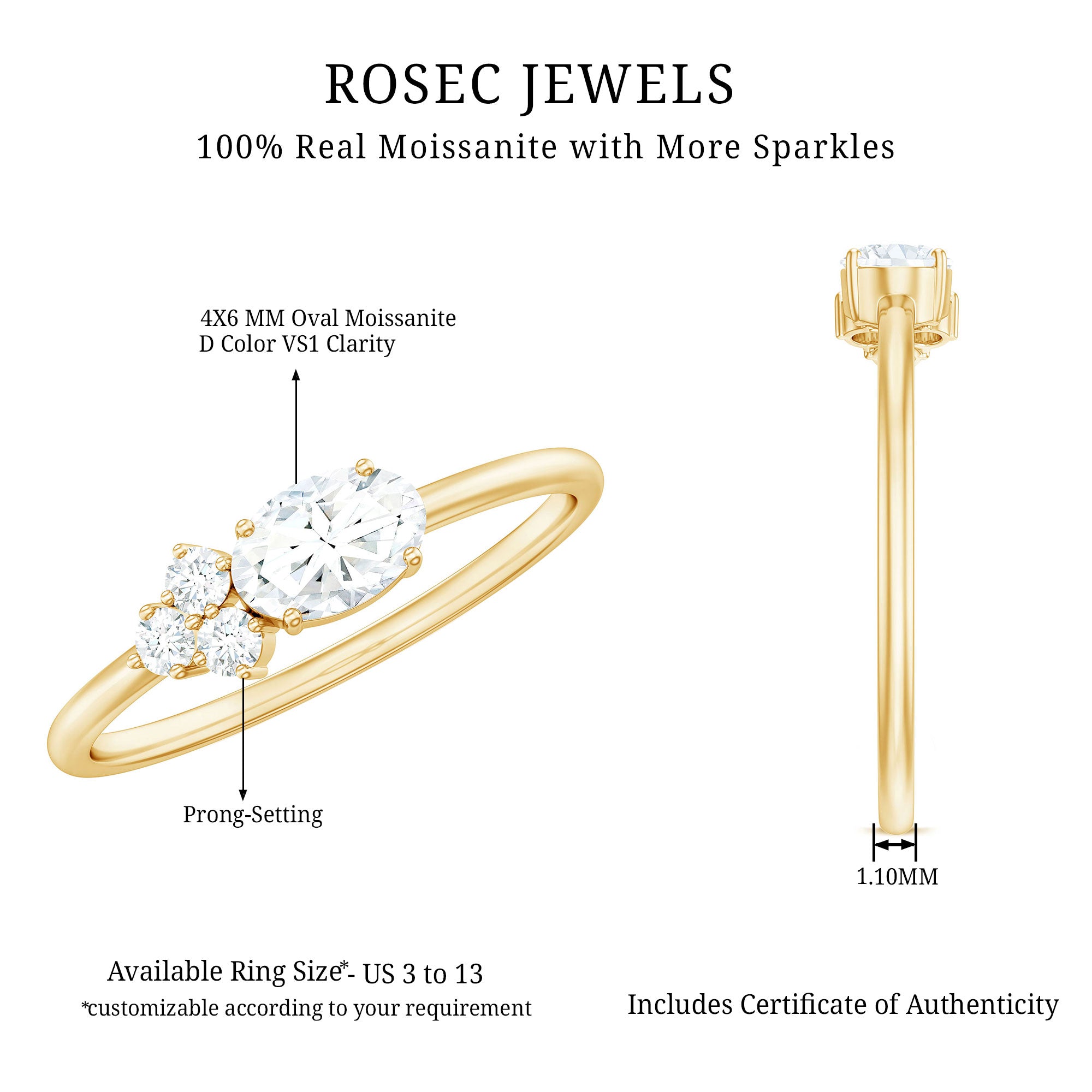 Oval and Round Moissanite Promise Ring for Her D-VS1 - Rosec Jewels