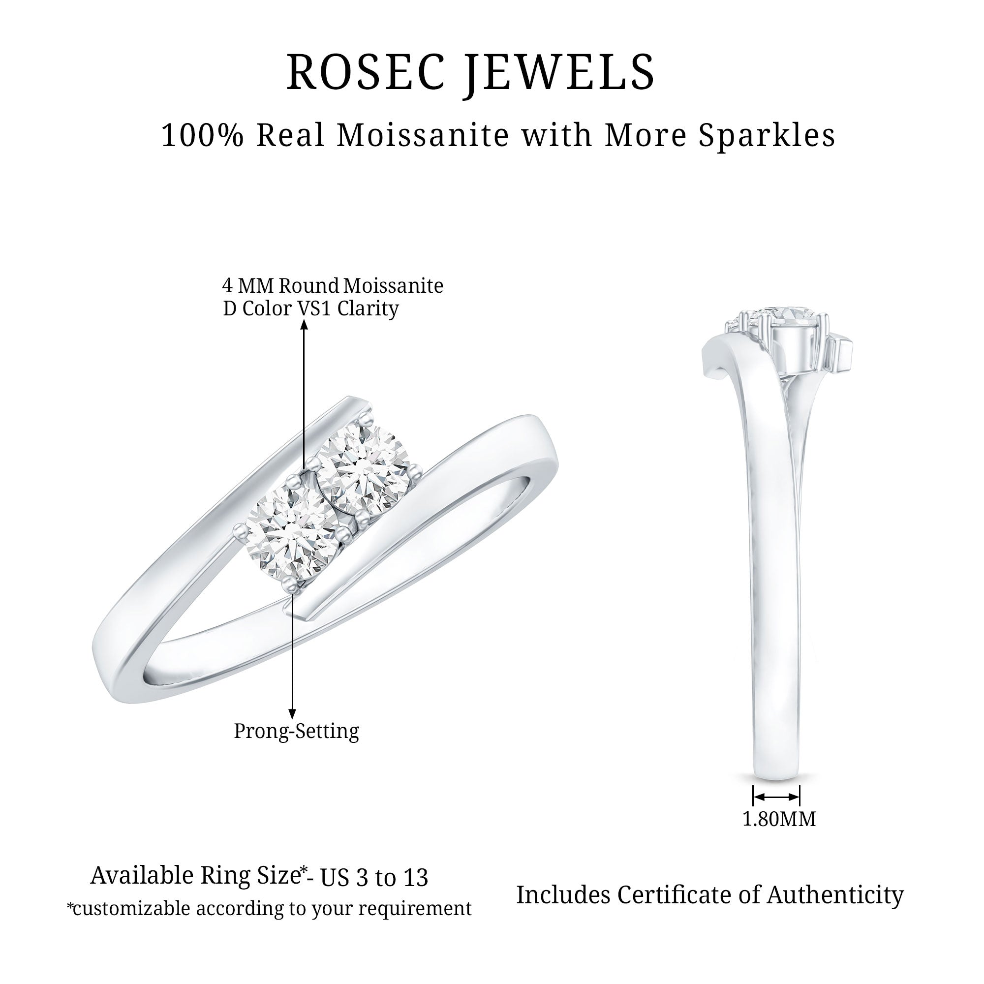 Certified Two Stone Moissanite Commitment Ring For Her D-VS1 - Rosec Jewels