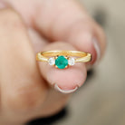 Round Shape Real Emerald and Diamond Three Stone Promise Ring Emerald - ( AAA ) - Quality - Rosec Jewels