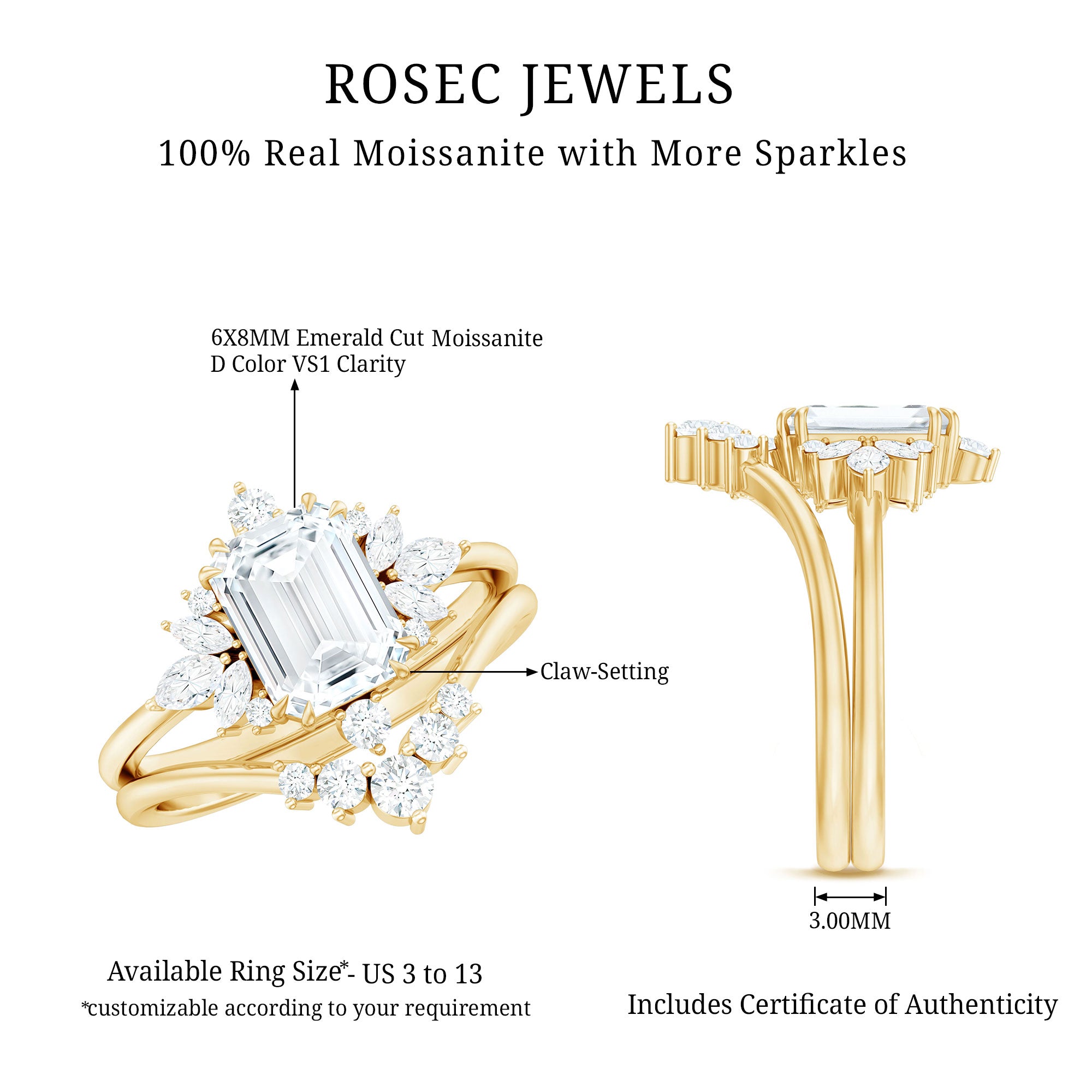 Designer Emerald Cut Moissanite Wedding Ring Set for Women D-VS1 - Rosec Jewels