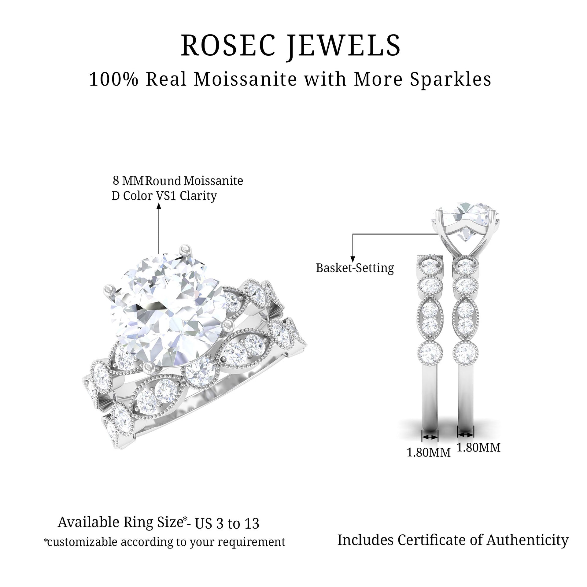 3.50 CT Basket Set Moissanite Solitaire Designer Wedding Ring Set Moissanite - ( D-VS1 ) - Color and Clarity - Rosec Jewels