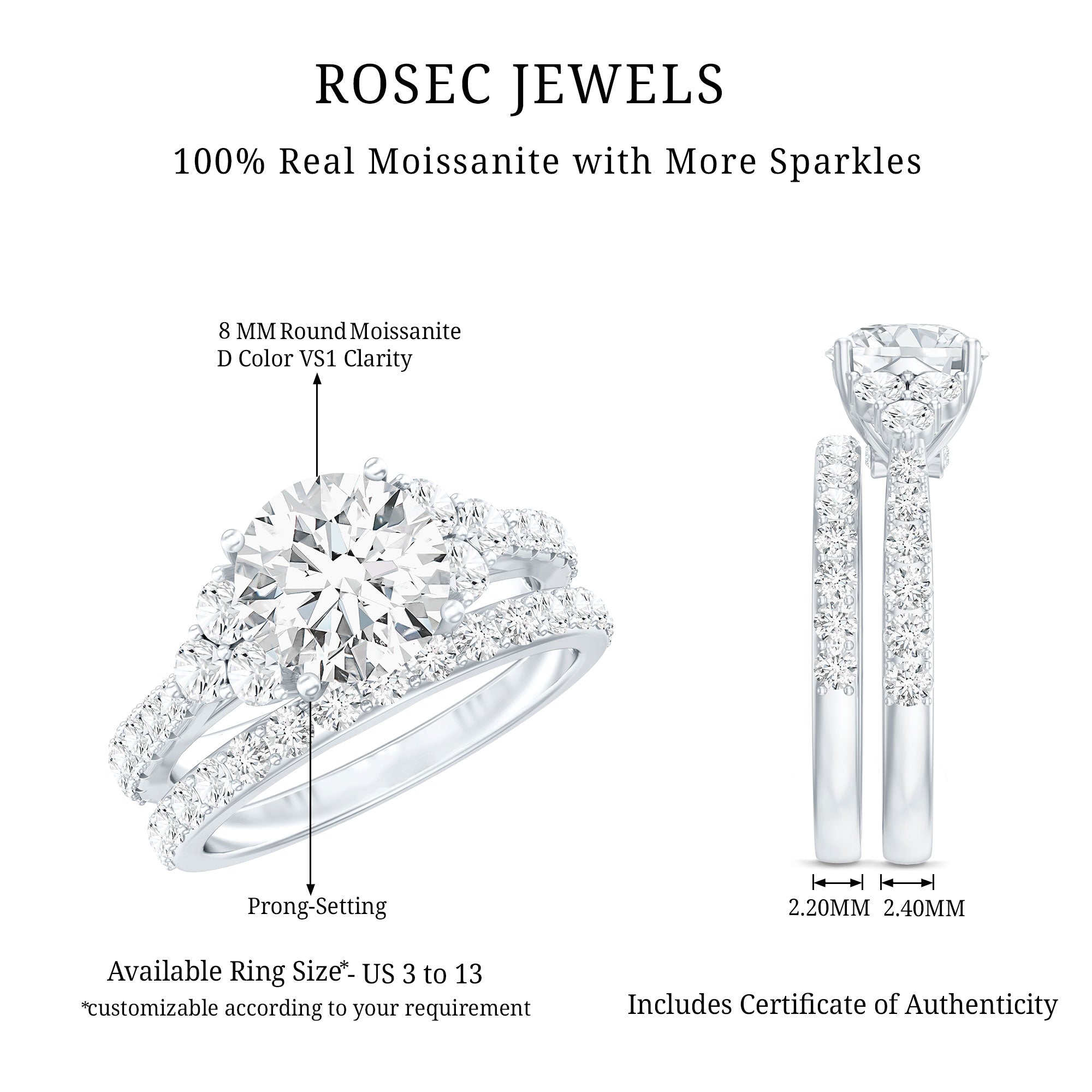 Certified 2 Carat Moissanite Engagement Ring with Enhancer D-VS1 - Rosec Jewels