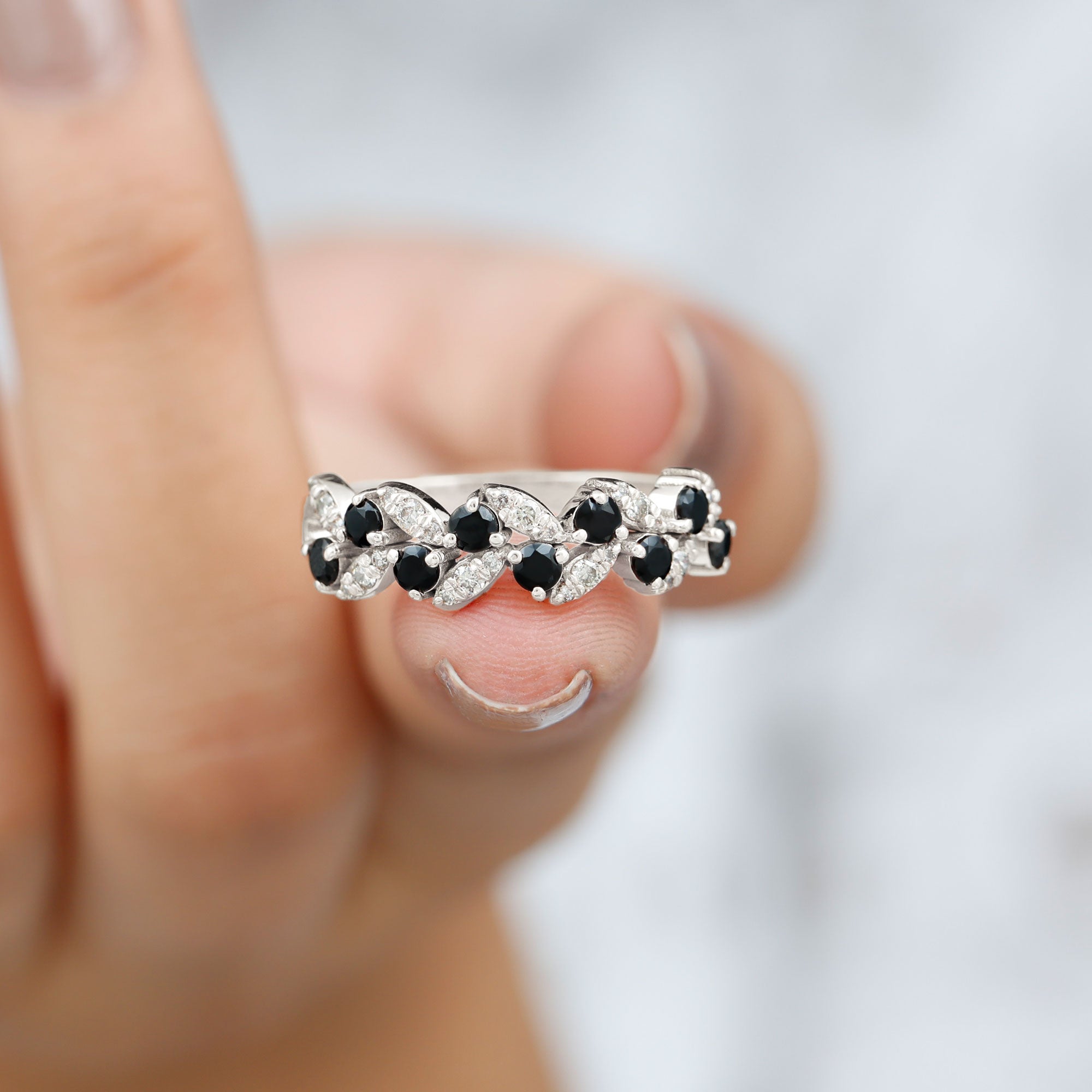 Nature Inspired Black Onyx and Diamond Leaf Eternity Ring Rosec Jewels UK