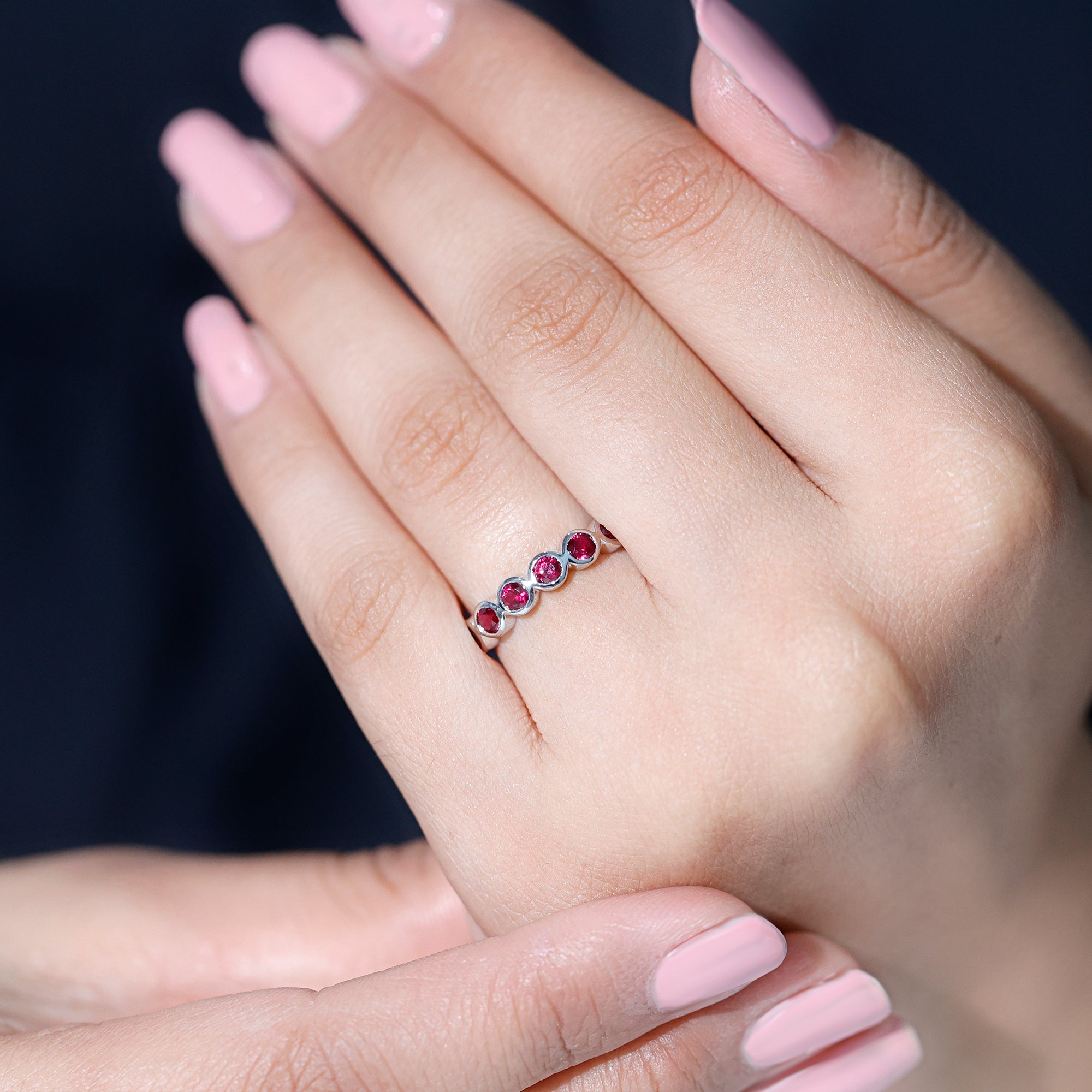 Rosec Jewels-Minimal Created Ruby Half Eternity Ring in Bezel Setting