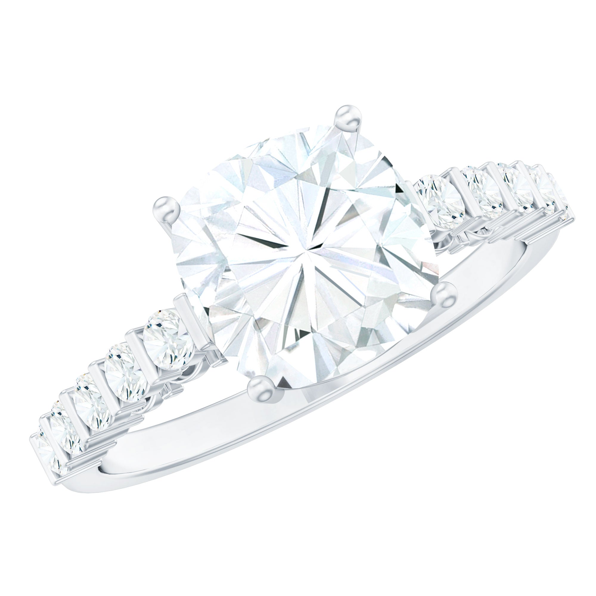 Rosec Jewels-Solitaire Moissanite Cushion Cut Engagement Ring with Side Stones