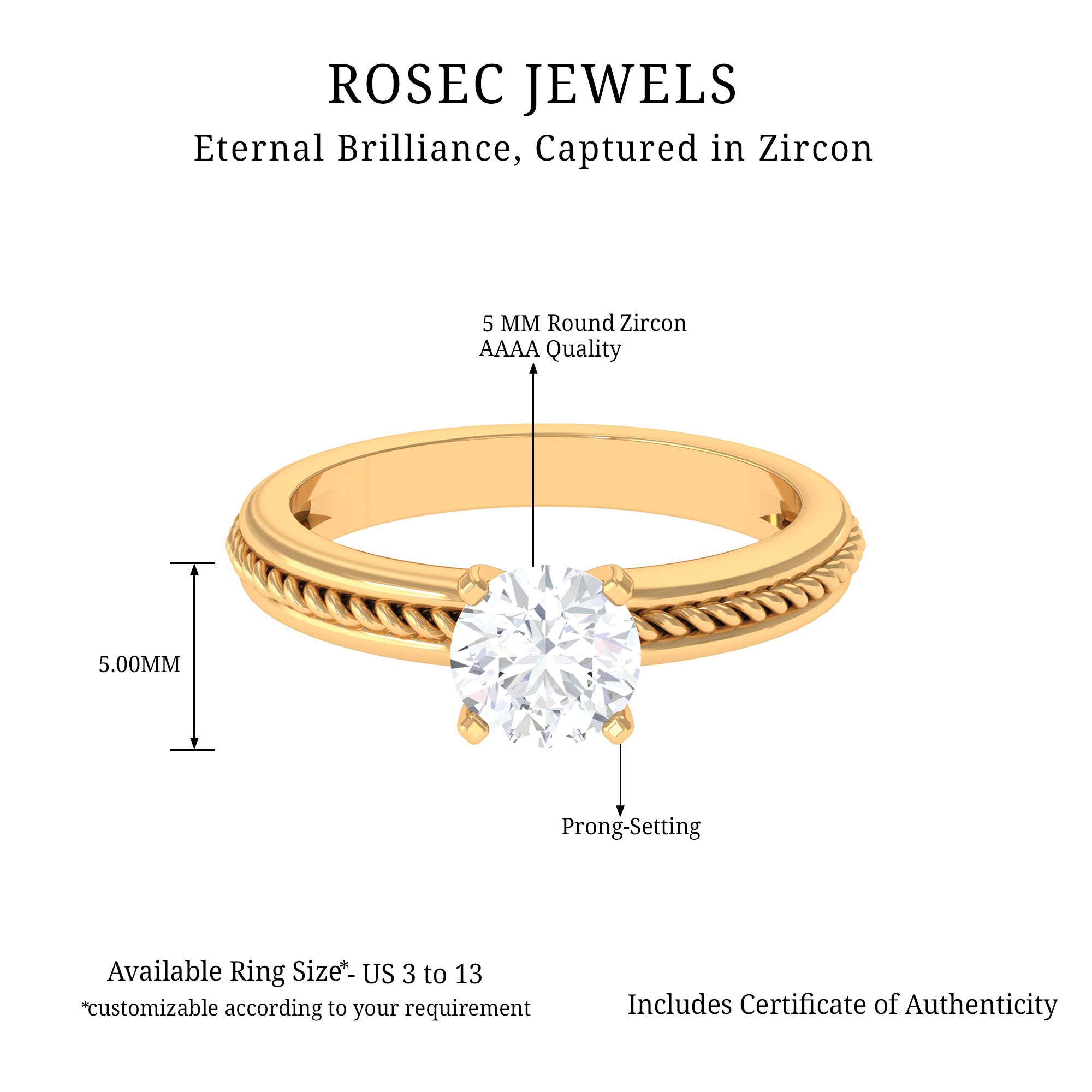 Cubic Zirconia Solitaire Twisted Rope Ring in Square Prong Setting AAAA - Rosec Jewels