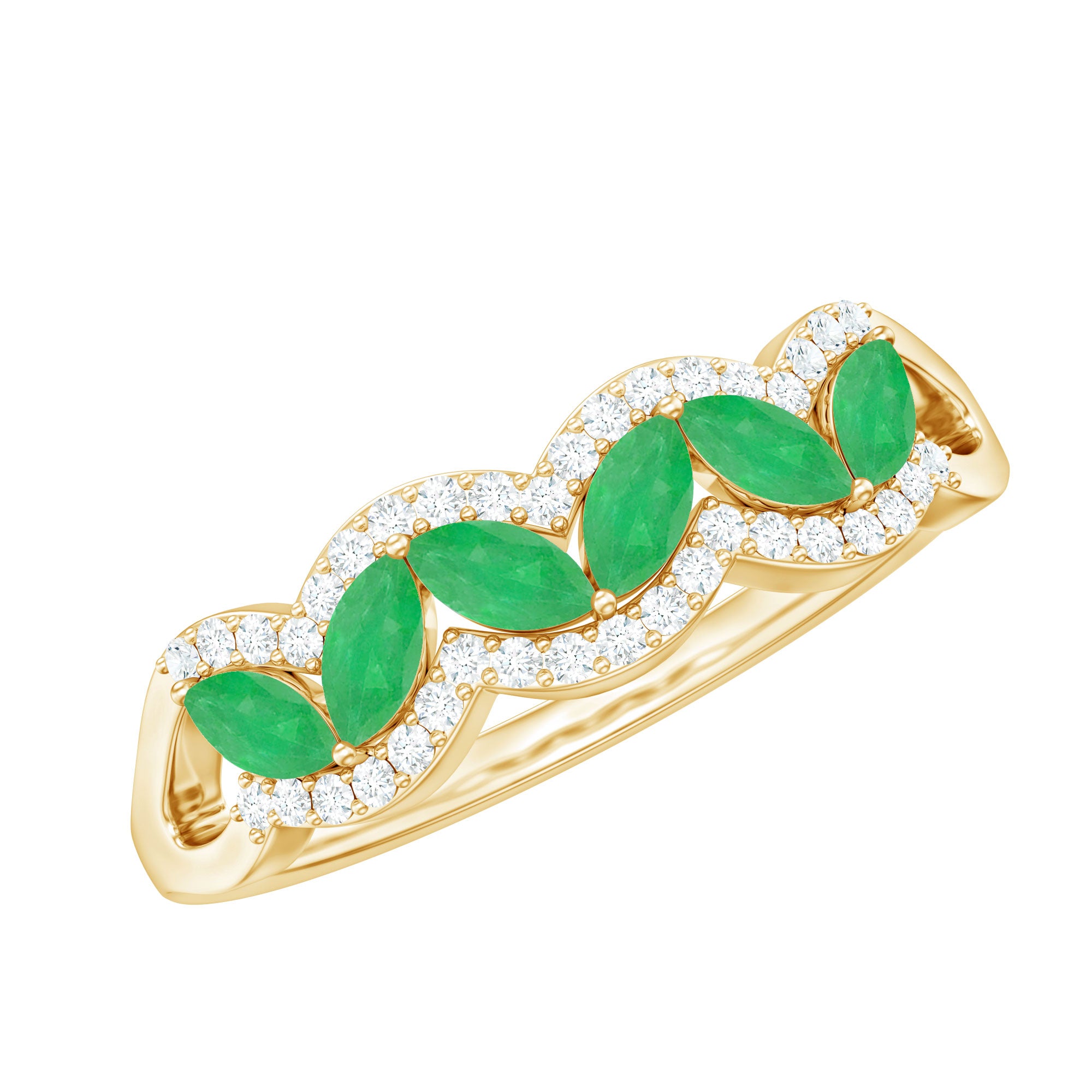 Rosec Jewels-Natural Marquise Emerald Half Eternity Anniversary Ring with Diamond