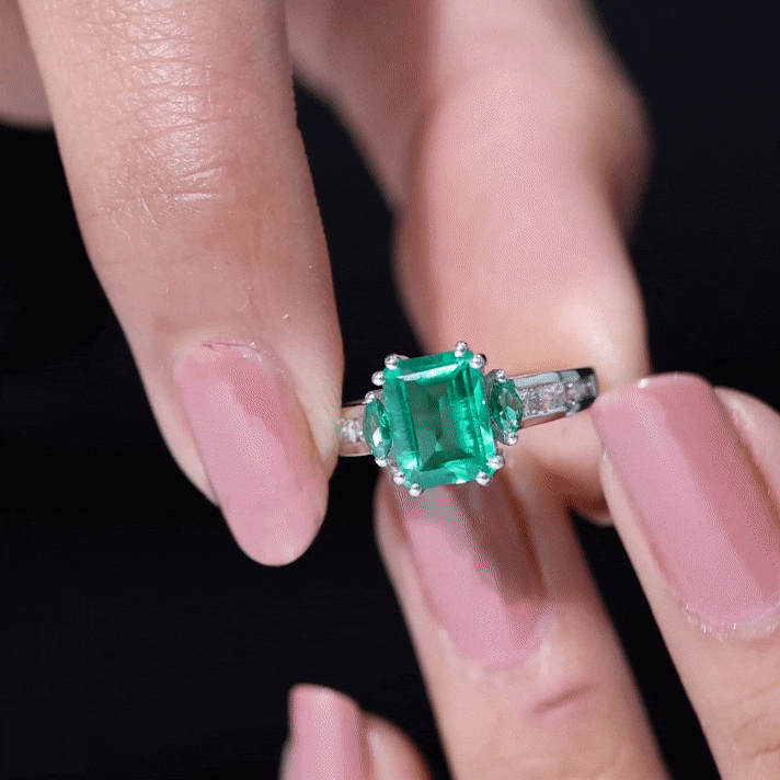 Rosec Jewels-Lab Created Emerald Cut Emerald Engagement Ring with Diamonds