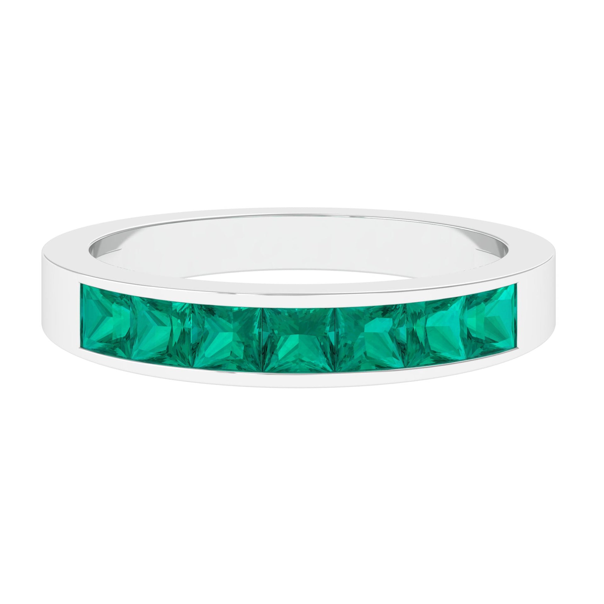 Channel Set Half Eternity Band Ring with Princess Cut Created Emerald Lab Created Emerald - ( AAAA ) - Quality - Rosec Jewels