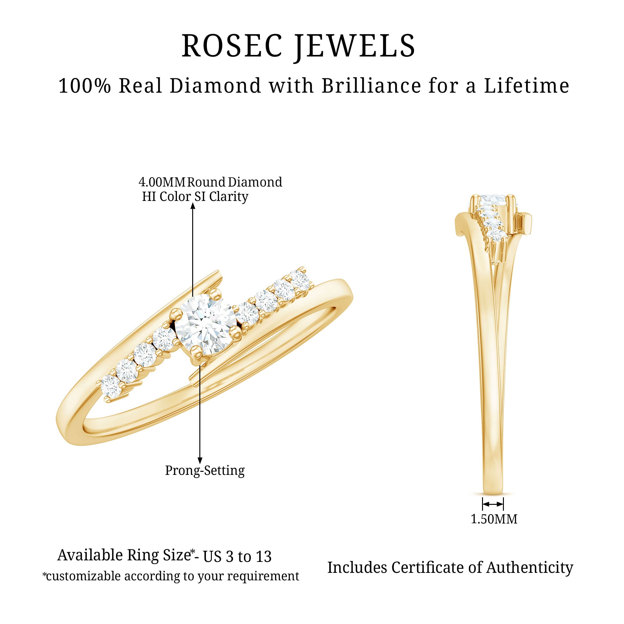 Diamond Promise Ring with Bypass Shank Natural - ( HI-SI ) - Rosec Jewels