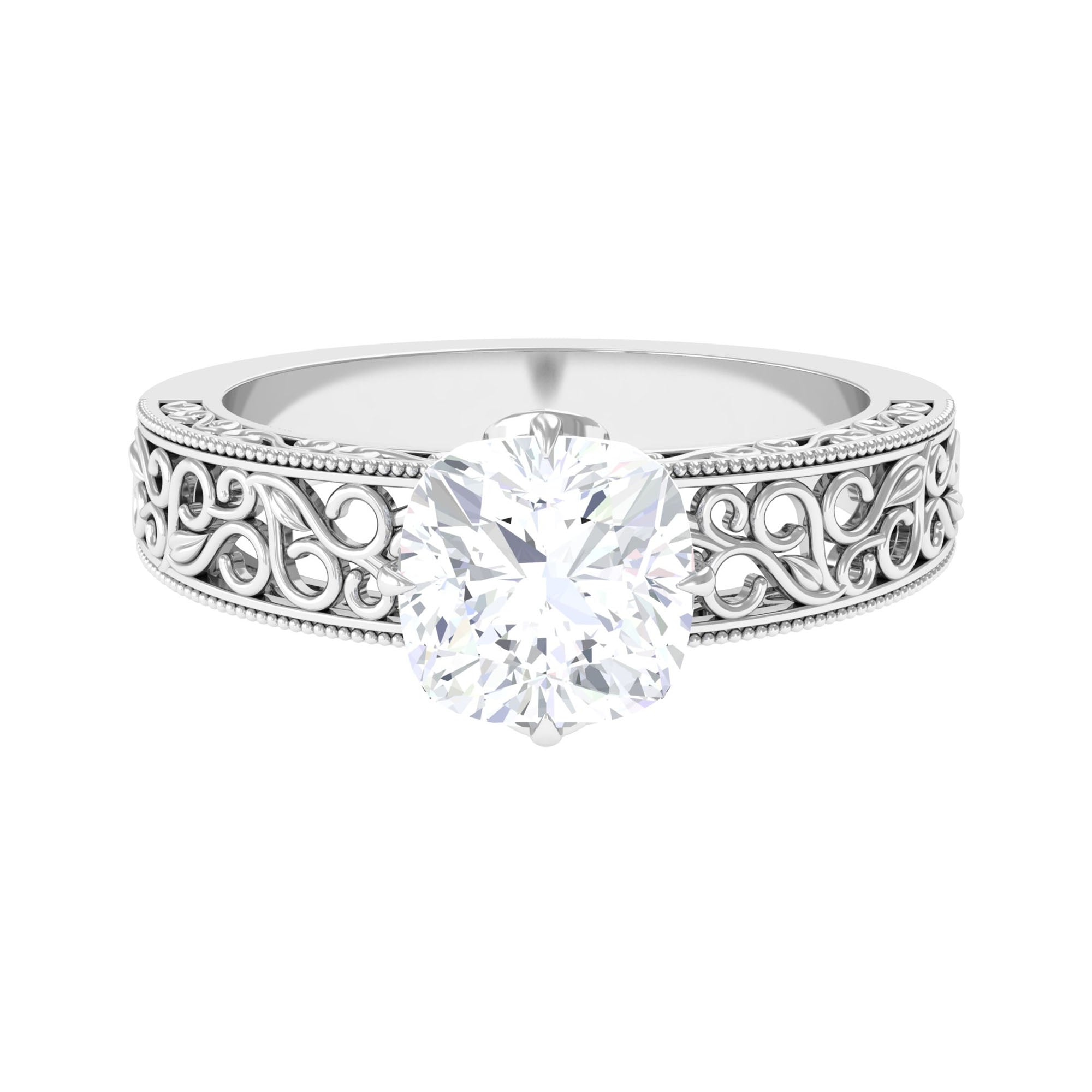 8 MM Cushion Cut Moissanite Solitaire Ring with Filigree Details Moissanite - ( D-VS1 ) - Color and Clarity - Rosec Jewels