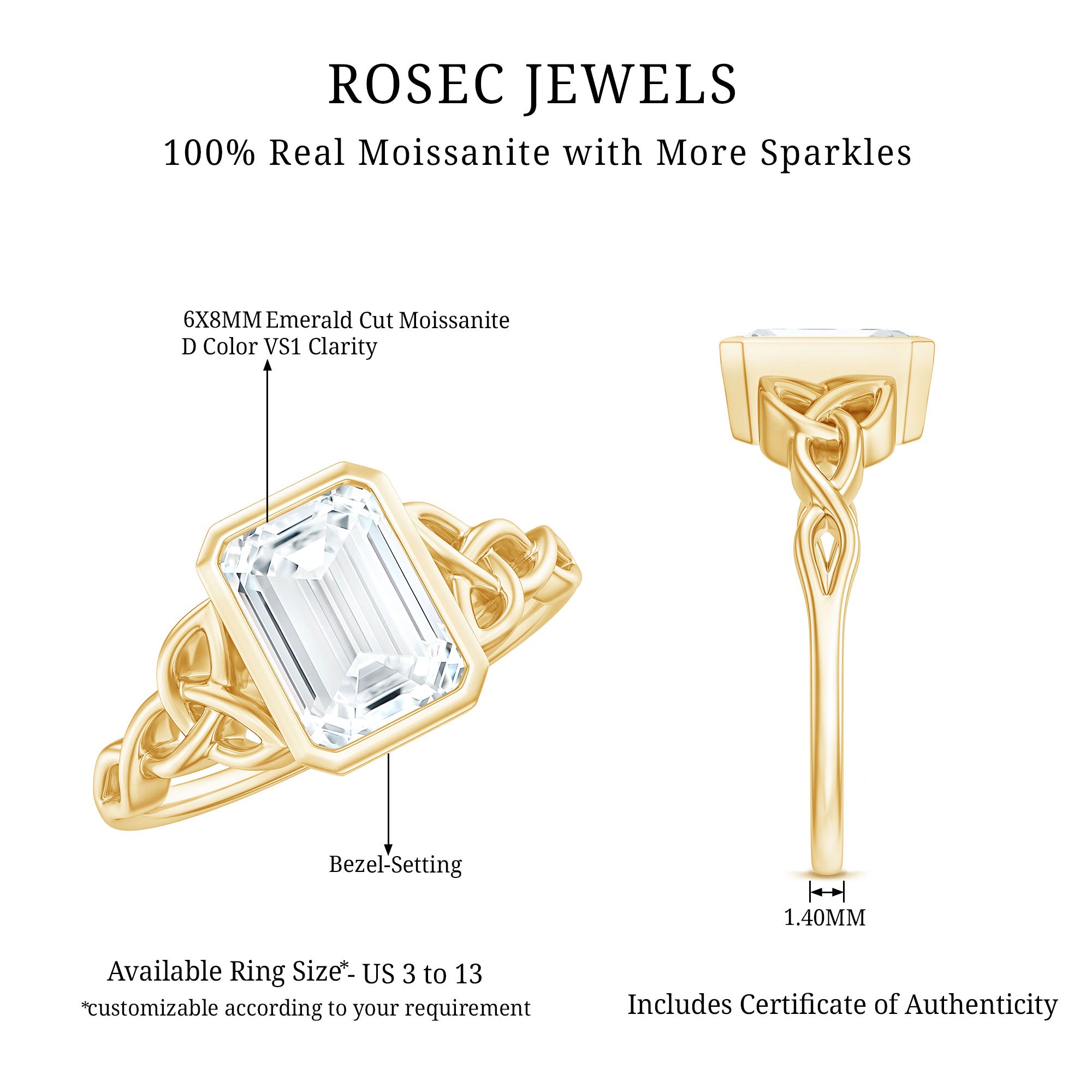 Rosec Jewels-Bezel Set Emerald Cut Moissanite Celtic Engagement Ring