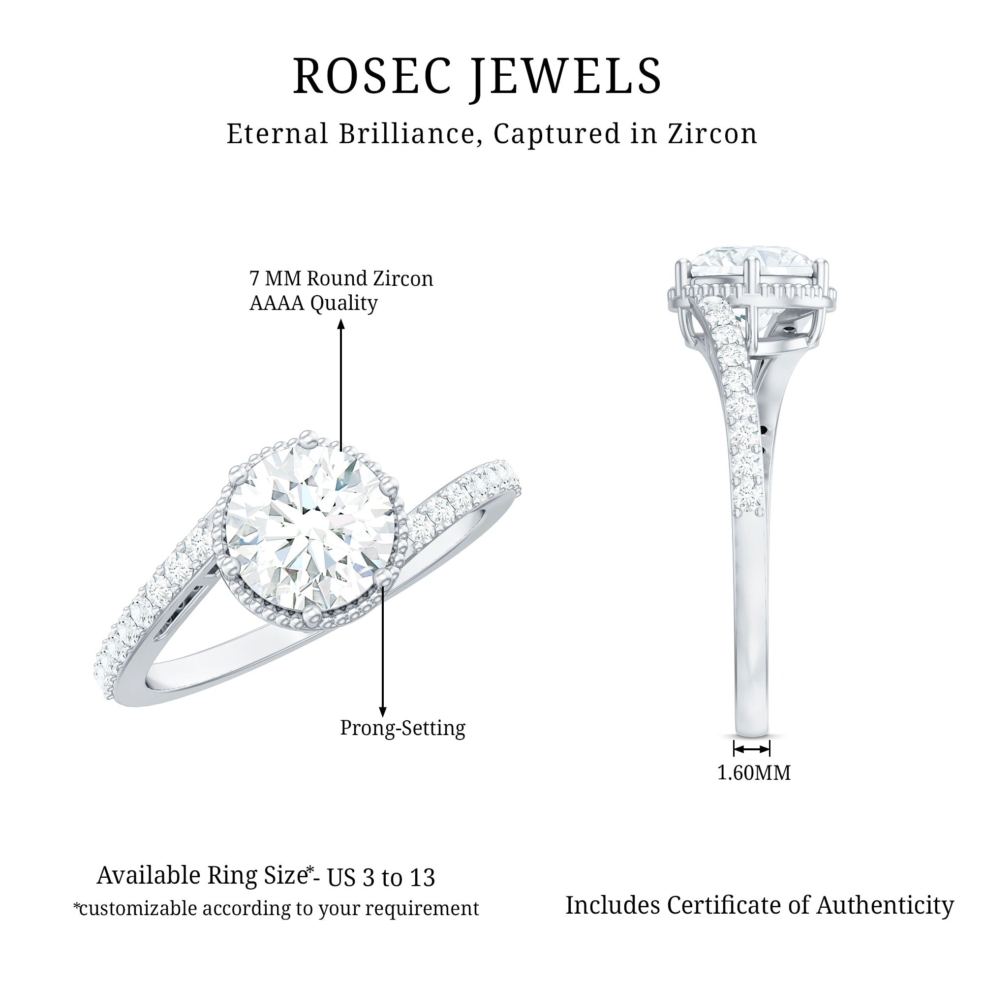 Round Cut Solitaire Zircon Bypass Engagement Ring AAAA - Rosec Jewels