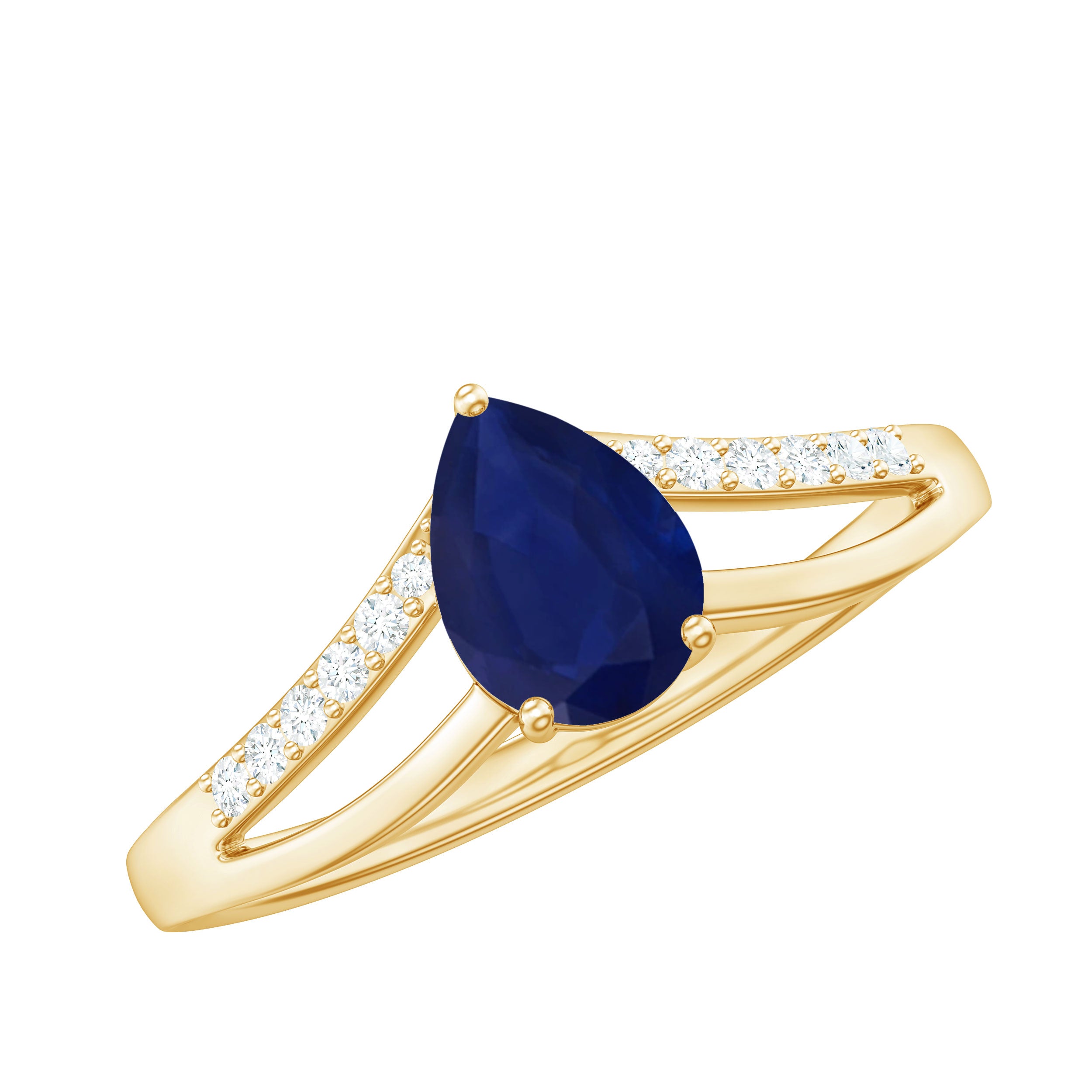 Rosec Jewels-Pear Cut Solitaire Blue Sapphire Split Shank Ring with Diamond