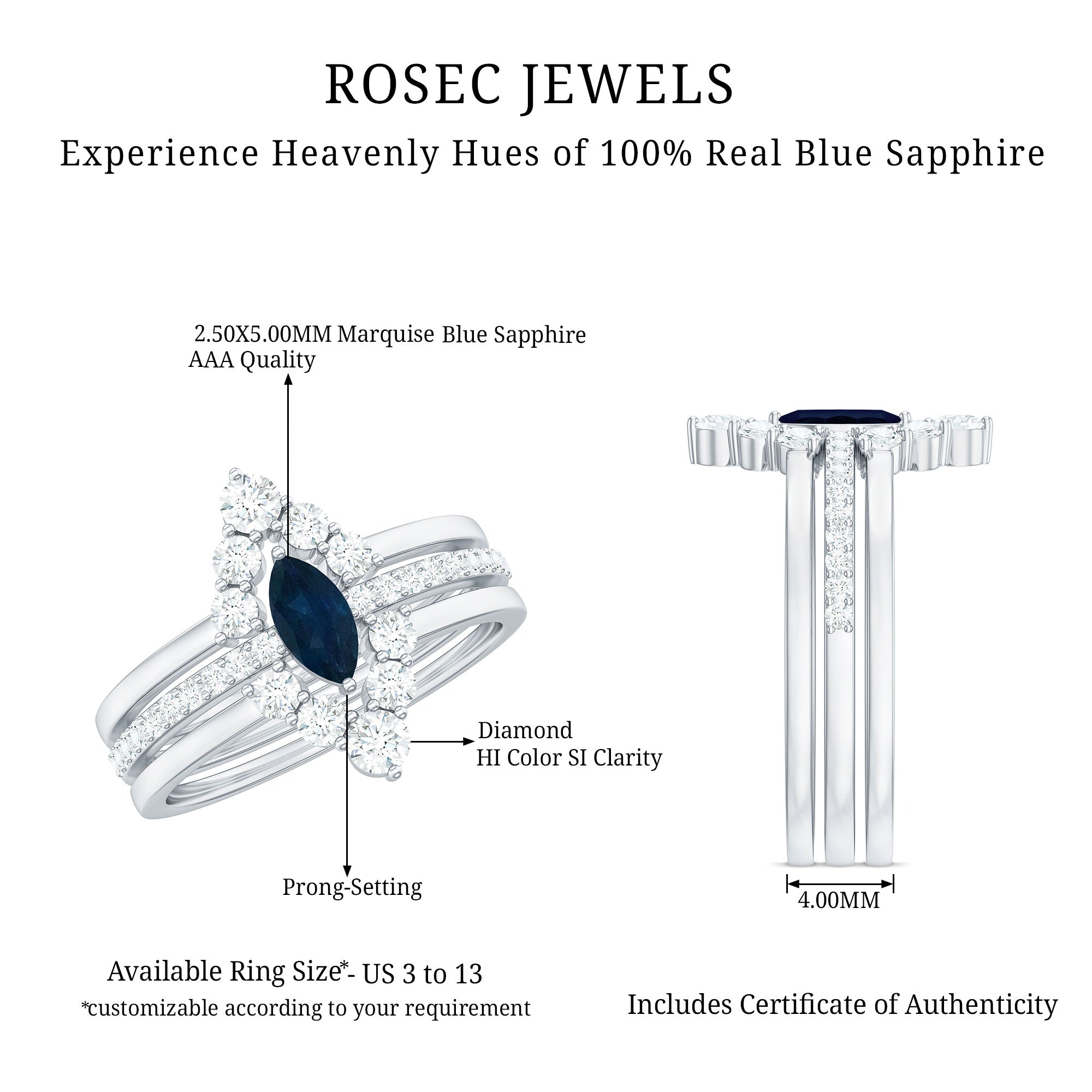 Rosec Jewels-Natural Marquise Cut Blue Sapphire and Diamond Three Piece Stackable Ring Set