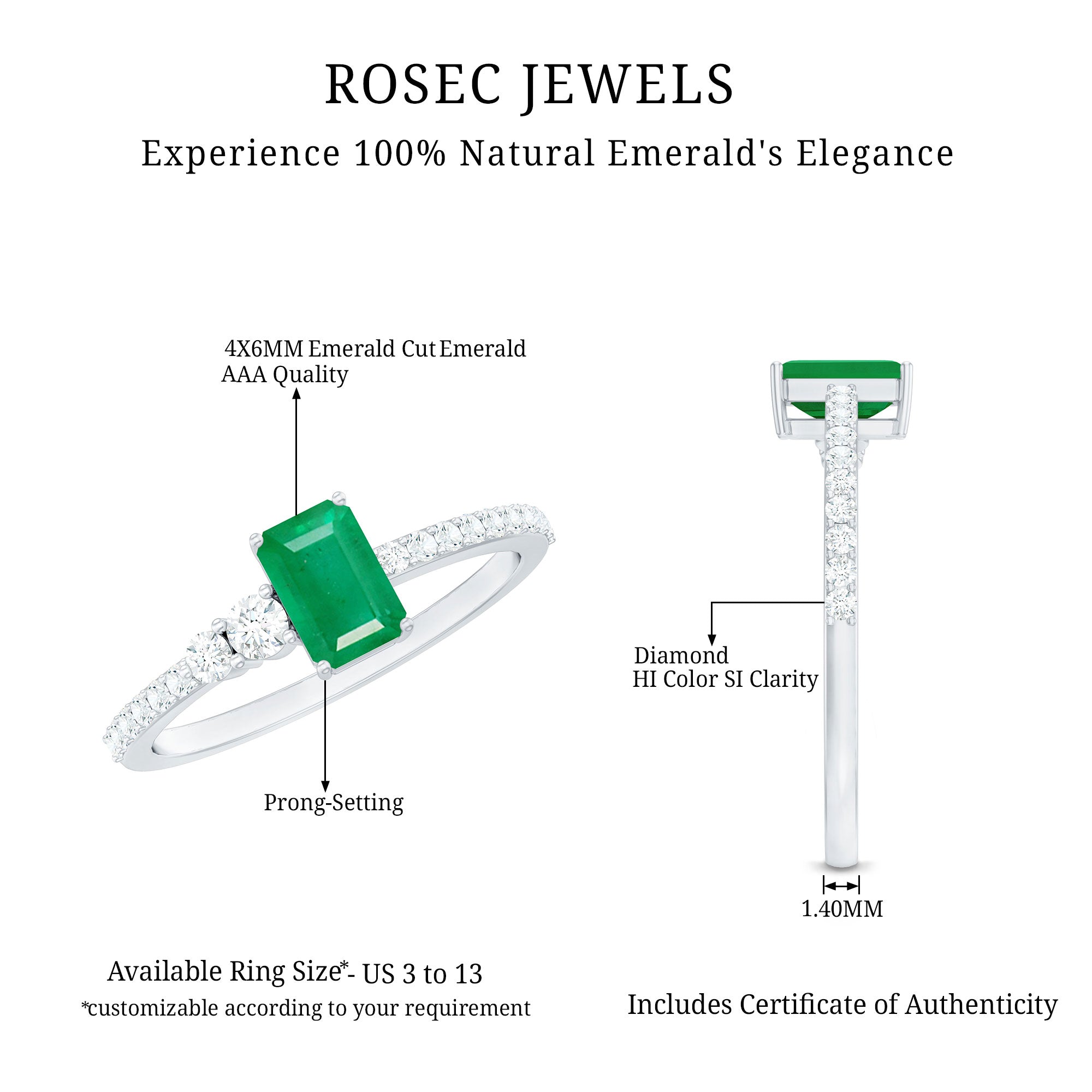 Rosec Jewels-Natural Emerald Cut Emerald Engagement Ring with Diamond Side Stones
