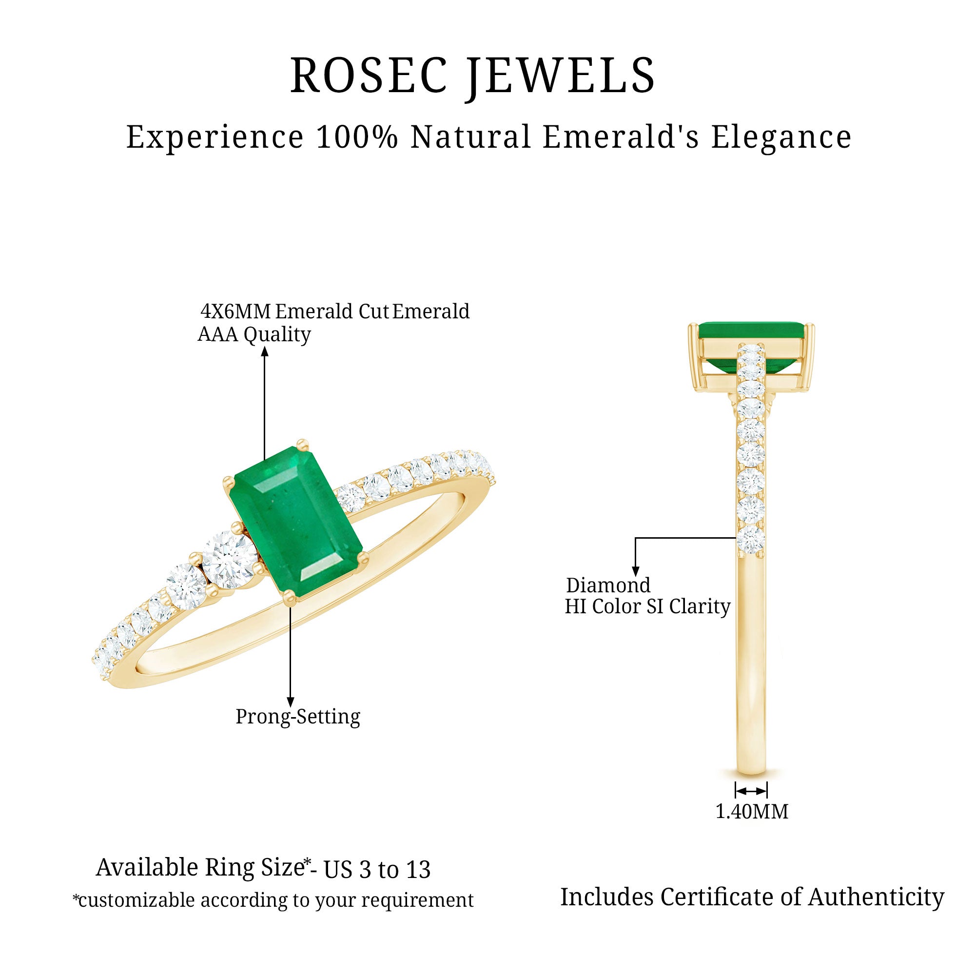 Rosec Jewels-Natural Emerald Cut Emerald Engagement Ring with Diamond Side Stones
