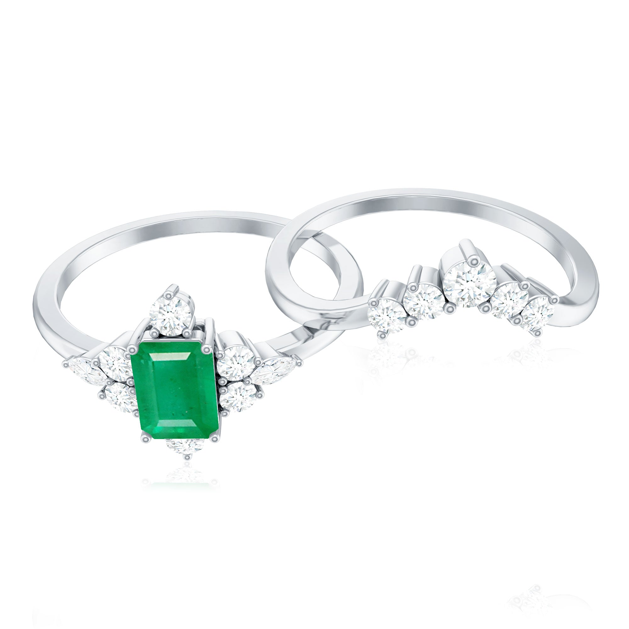 Rosec Jewels-Natural Emerald Diamond Emerald Cut Engagement Ring and Wedding Band Set