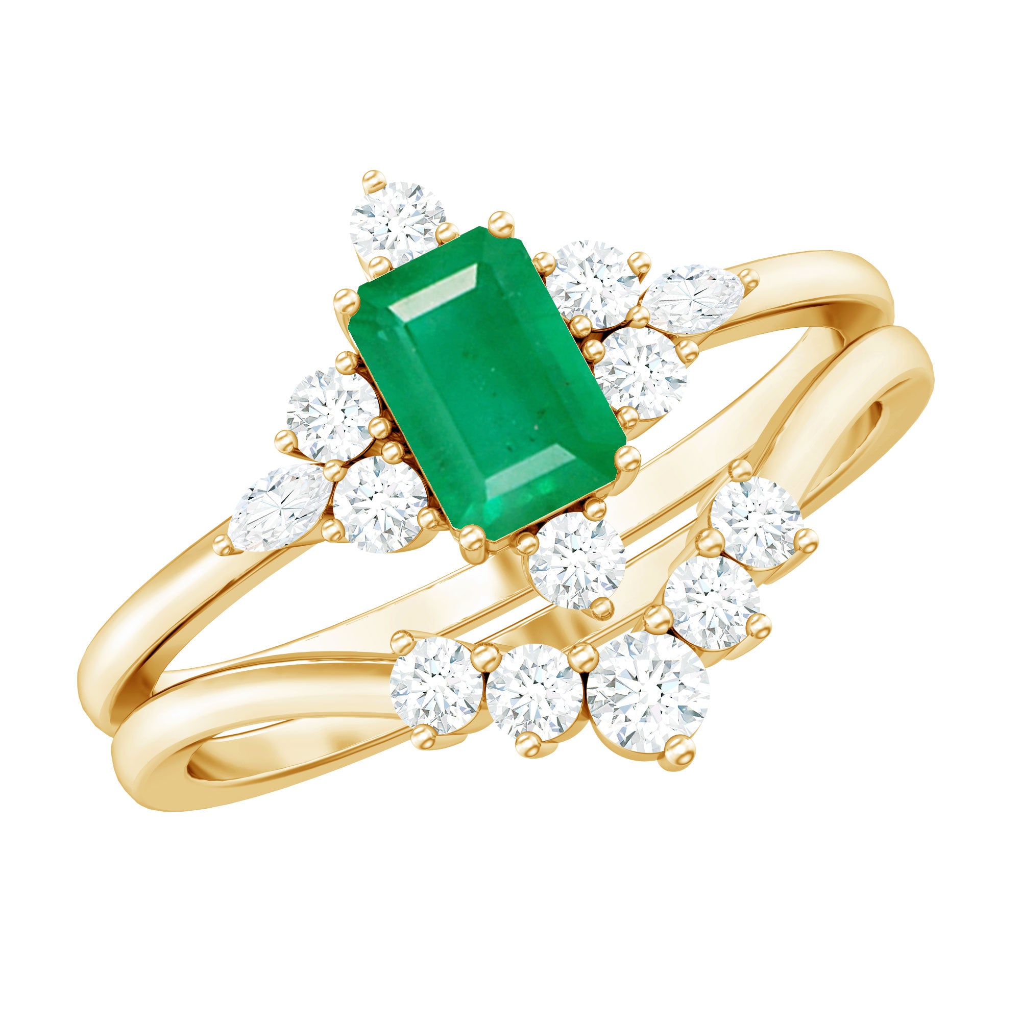 Rosec Jewels-Natural Emerald Diamond Emerald Cut Engagement Ring and Wedding Band Set