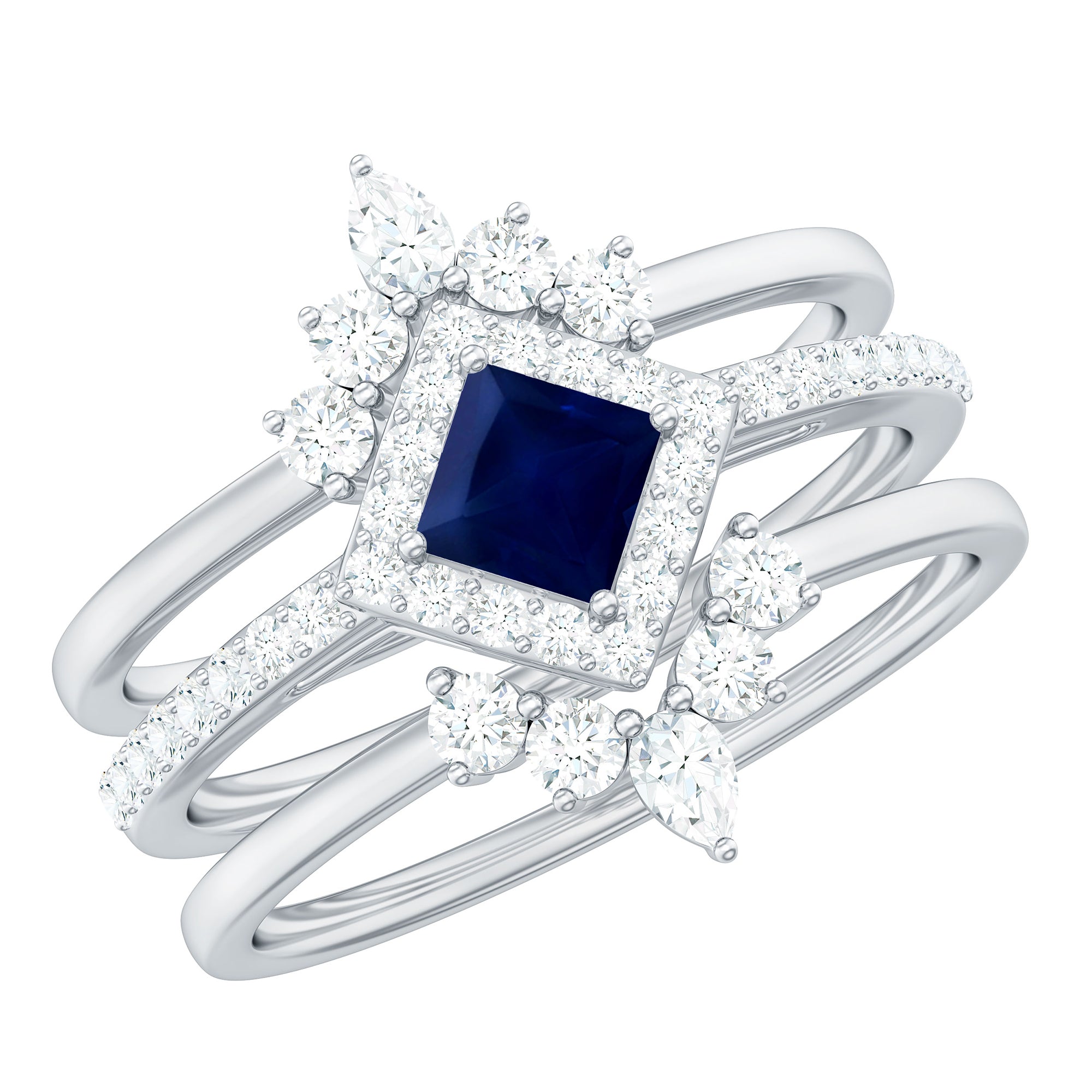 Rosec Jewels-1.5 CT Princess Cut Blue Sapphire Bridal Ring Set with Moissanite Halo