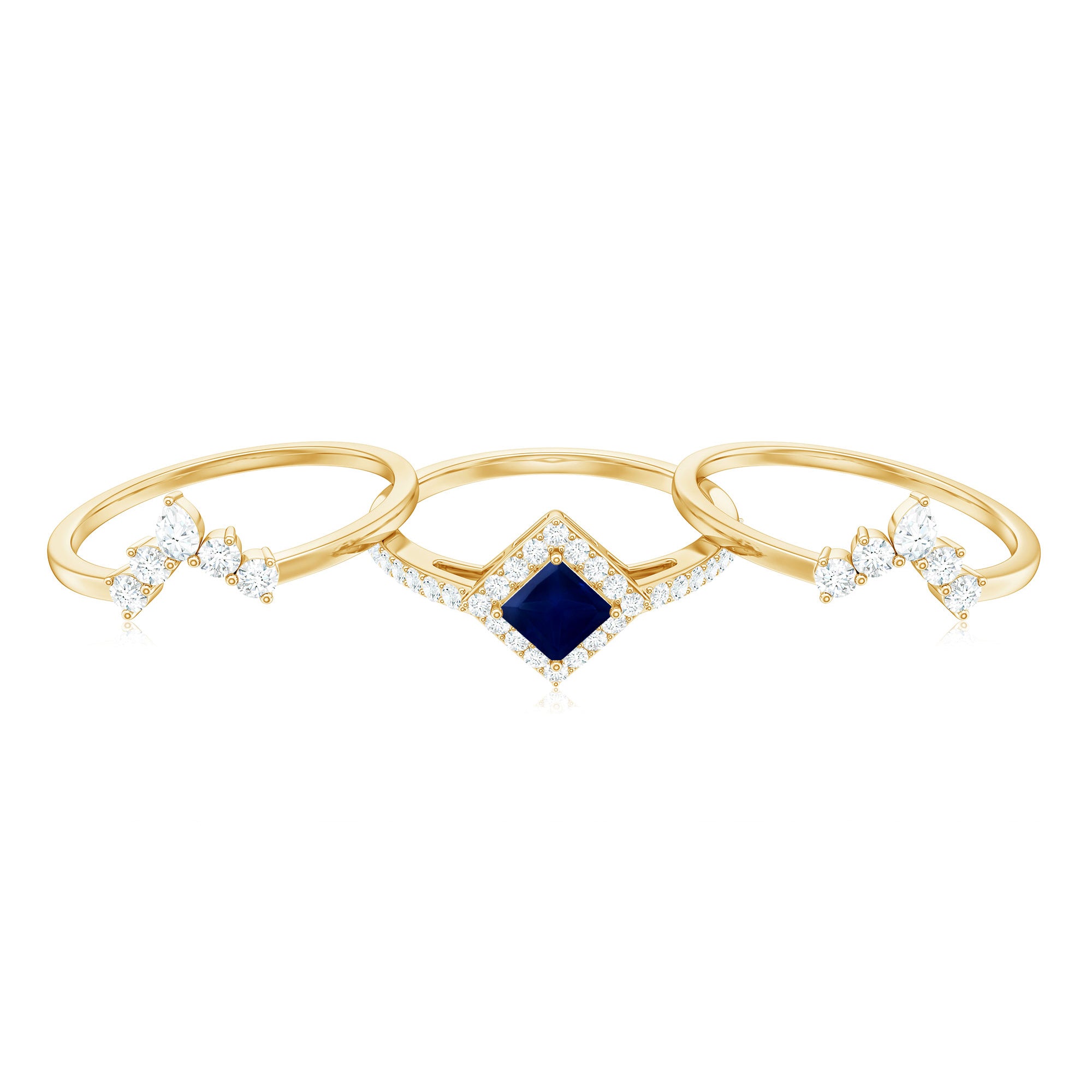 Rosec Jewels-1.5 CT Princess Cut Blue Sapphire Bridal Ring Set with Moissanite Halo