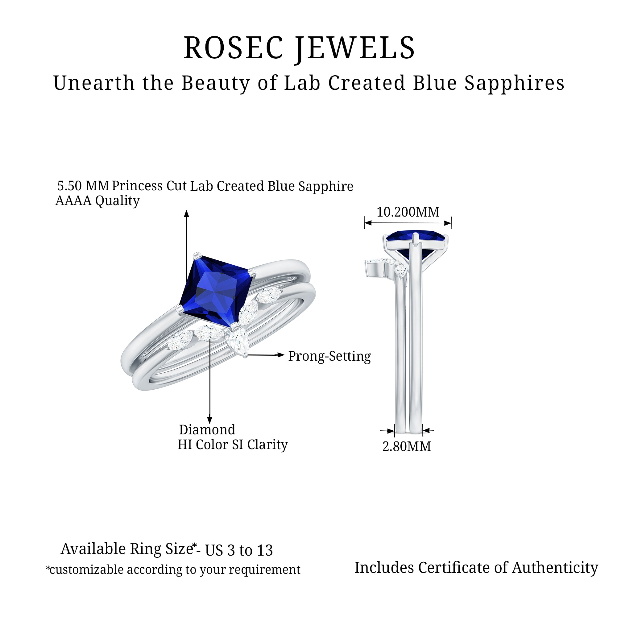 1.25 CT Princess Cut Created Blue Sapphire Solitaire Ring Set with Diamond Lab Created Blue Sapphire - ( AAAA ) - Quality - Rosec Jewels