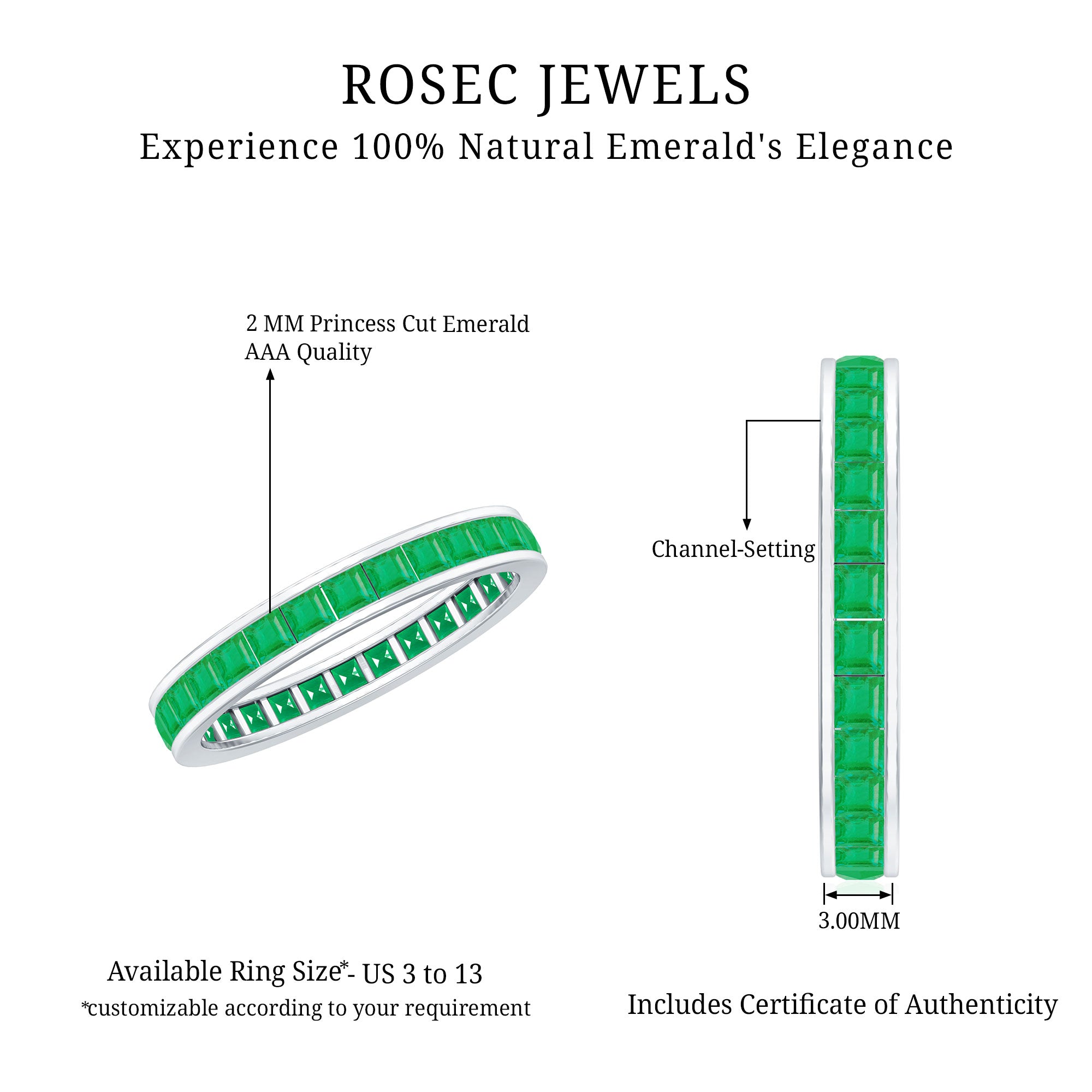 Channel Set Princess Cut Emerald Eternity Band Ring AAA - Rosec Jewels