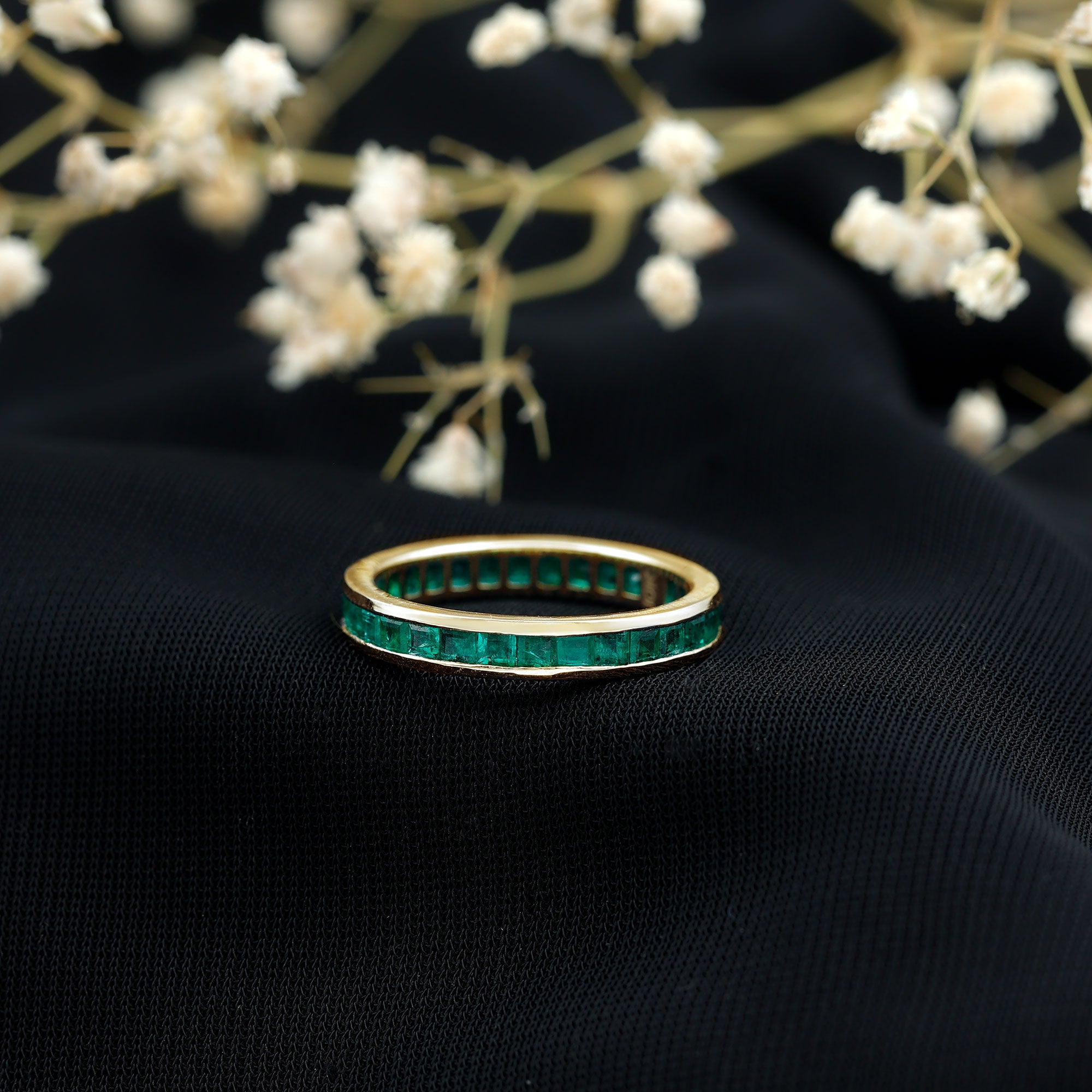 Channel Set Princess Cut Emerald Eternity Band Ring AAA - Rosec Jewels