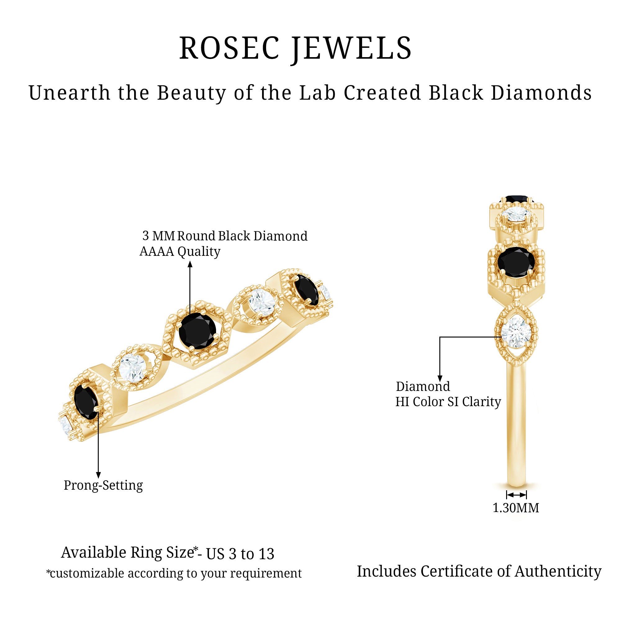 Certified Lab Grown Black and White Diamond Half Eternity Ring AAAA ( Synthetic ) - Rosec Jewels