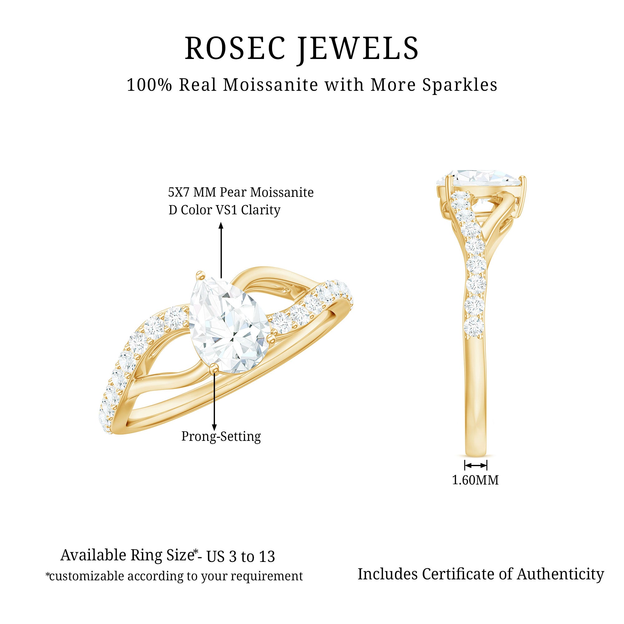 Certified Pear Cut Moissanite Split Shank Engagement Ring D-VS1 - Rosec Jewels