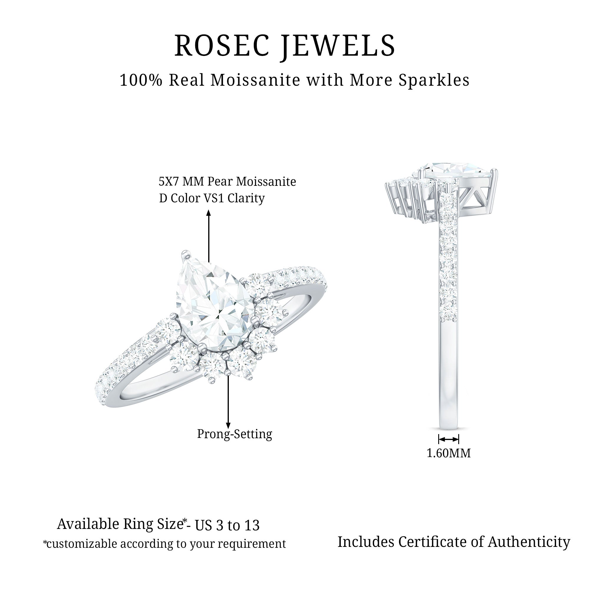 Moissanite Teardrop Engagement Ring with Half Halo D-VS1 - Rosec Jewels