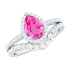 Rosec Jewels-Pear Created Pink Sapphire Teardrop Ring Set with Moissanite Band