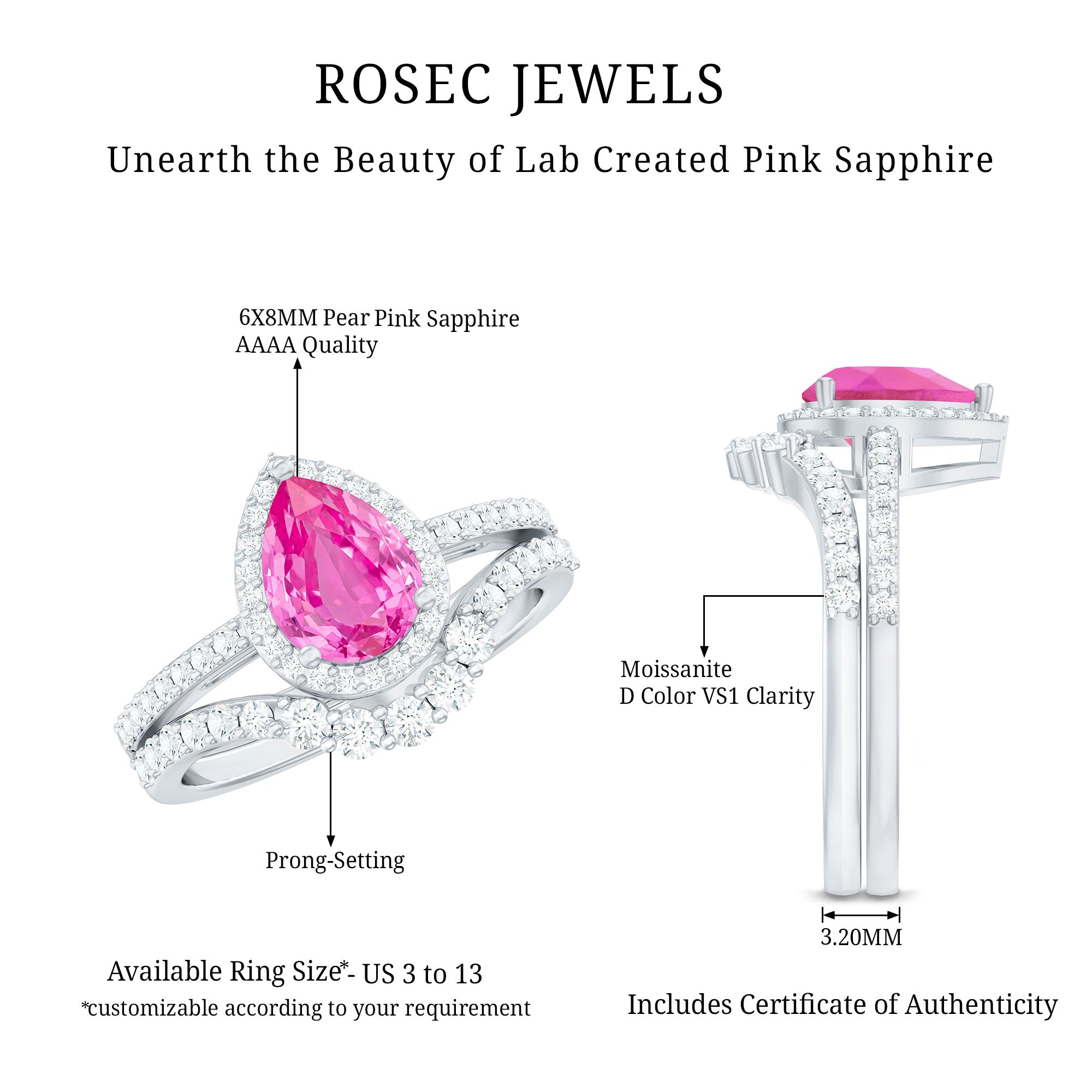 Rosec Jewels-Pear Created Pink Sapphire Teardrop Ring Set with Moissanite Band