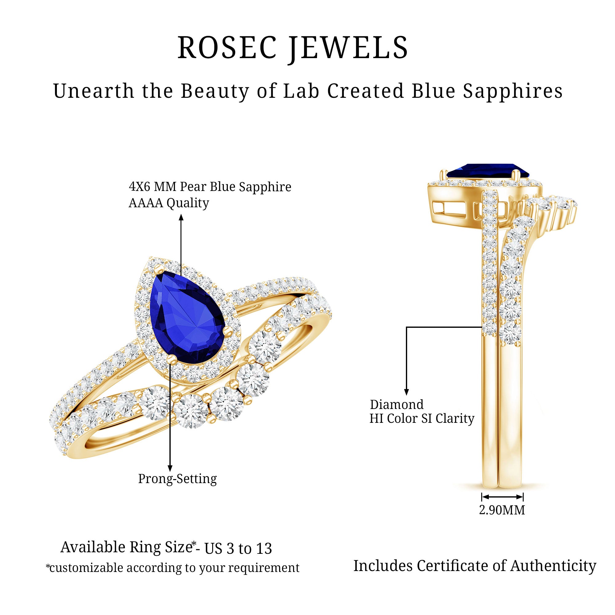Certified Lab Grown Blue Sapphire Diamond Pear Shaped Engagement Ring Set AAAA - Rosec Jewels