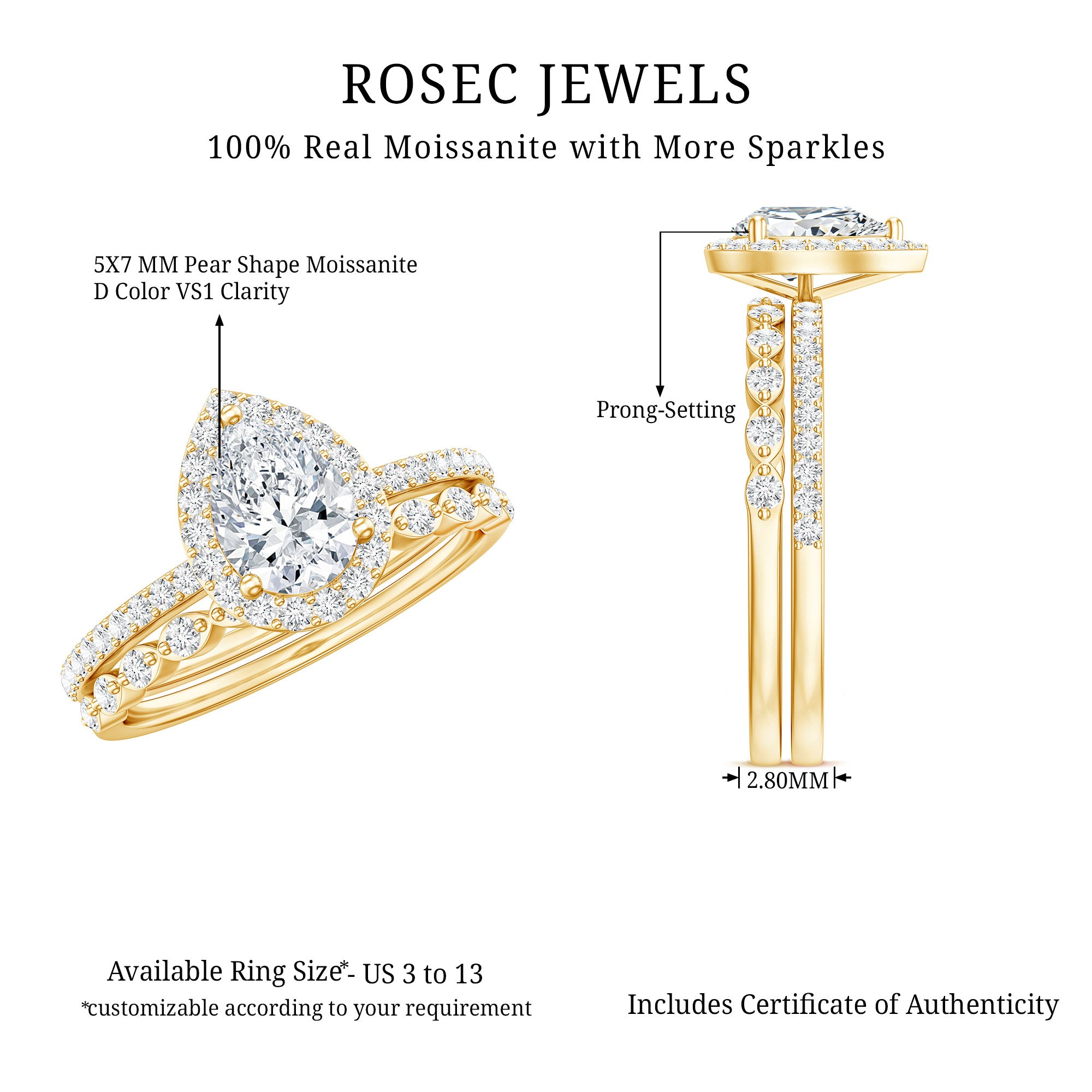 Rosec Jewels-1.75 CT Moissanite Teardrop Wedding Ring Set with Halo