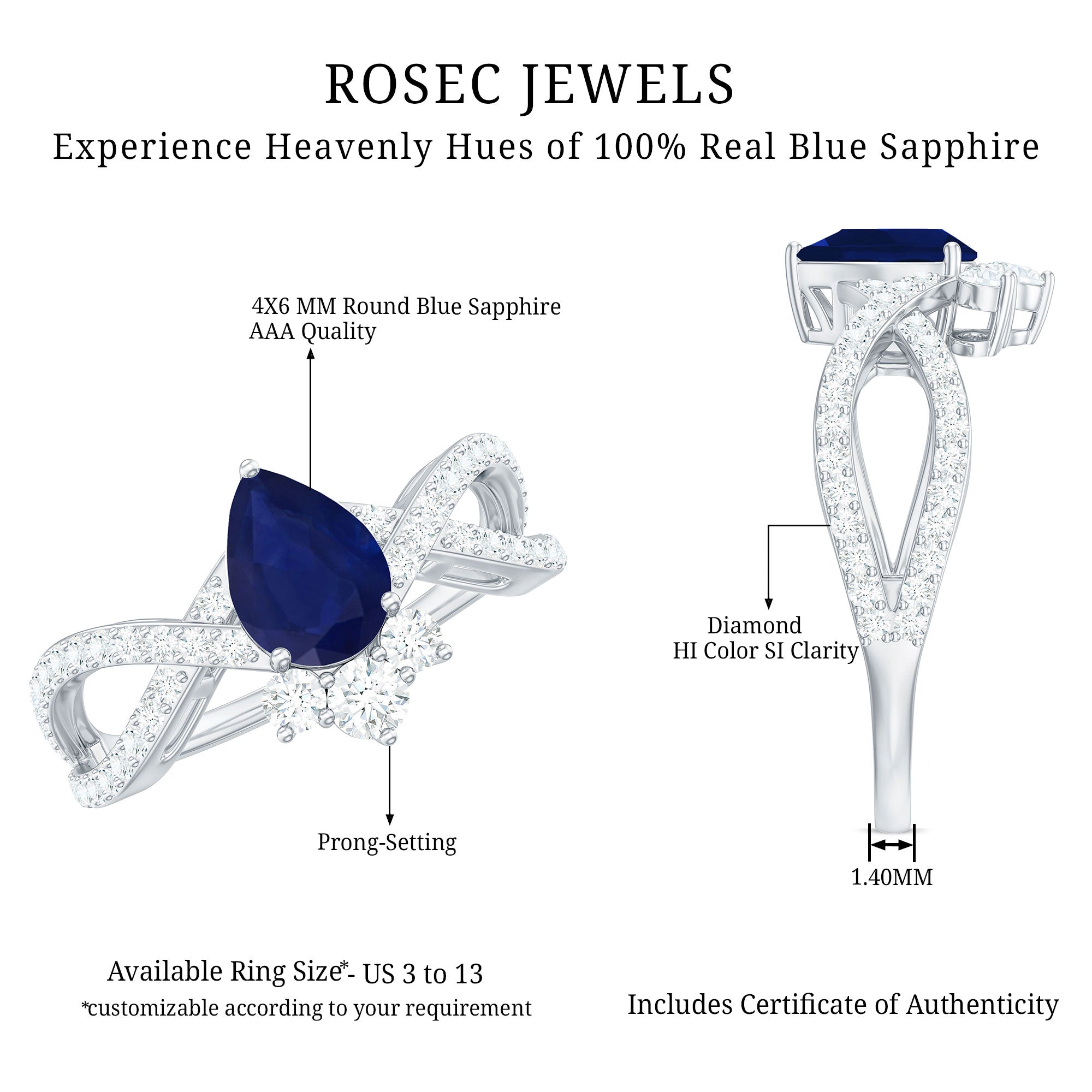 Real 0.5 Blue Sapphire Pear Shape Engagement Ring with Diamond Crossover AAA - Rosec Jewels
