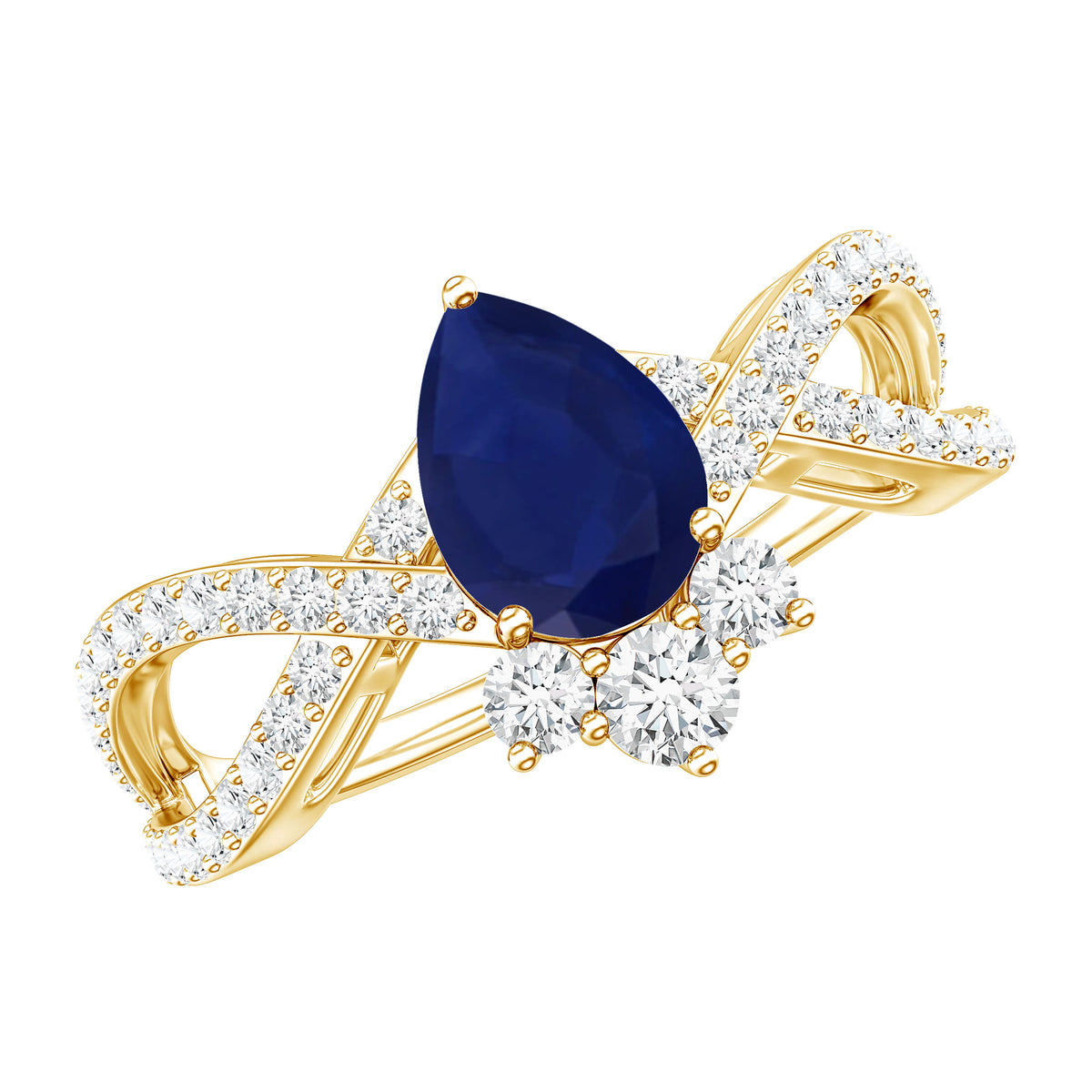 Real 0.5 Blue Sapphire Pear Shape Engagement Ring with Diamond Crossover AAA - Rosec Jewels