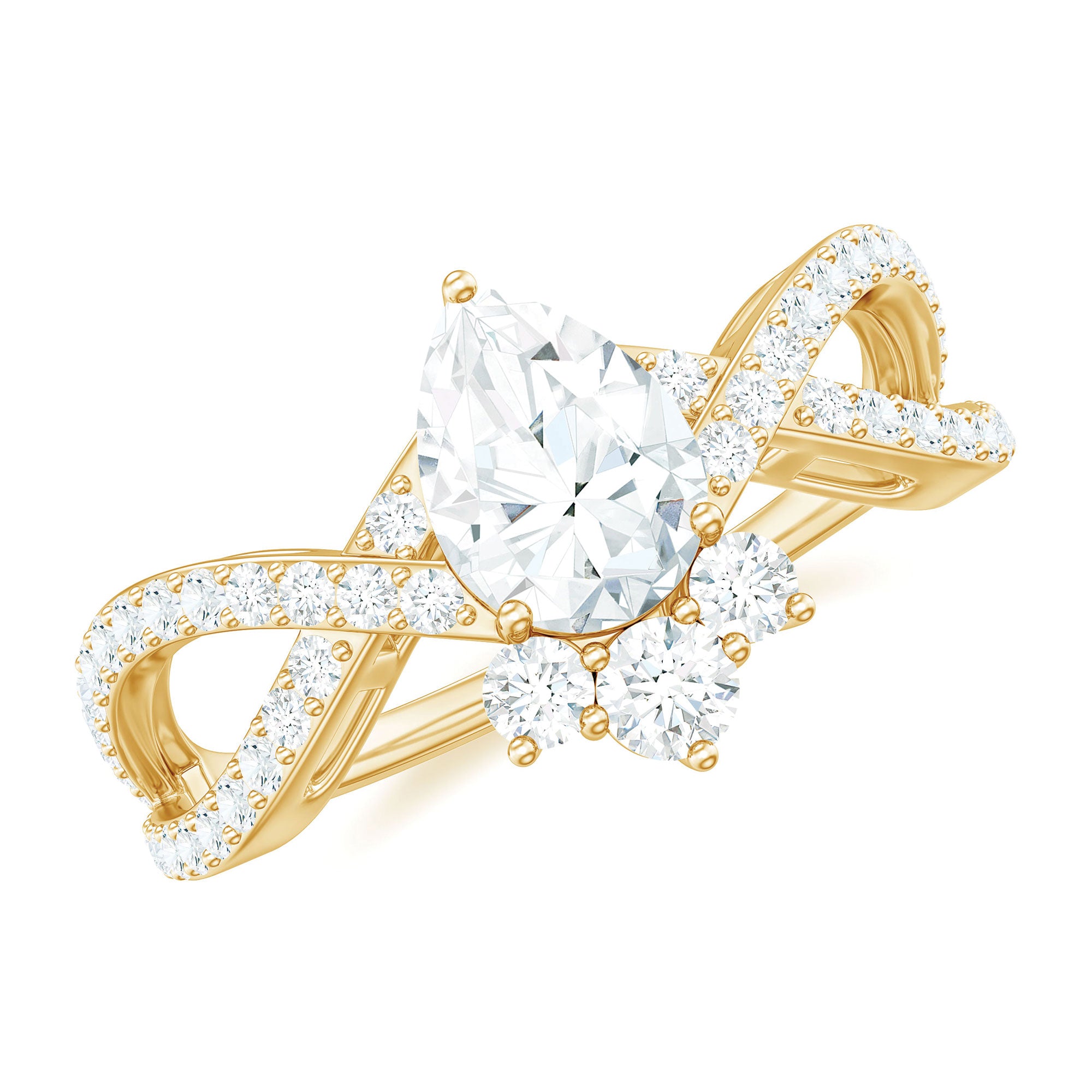 Designer Pear Shaped Moissanite Crossover Engagement Ring D-VS1 - Rosec Jewels